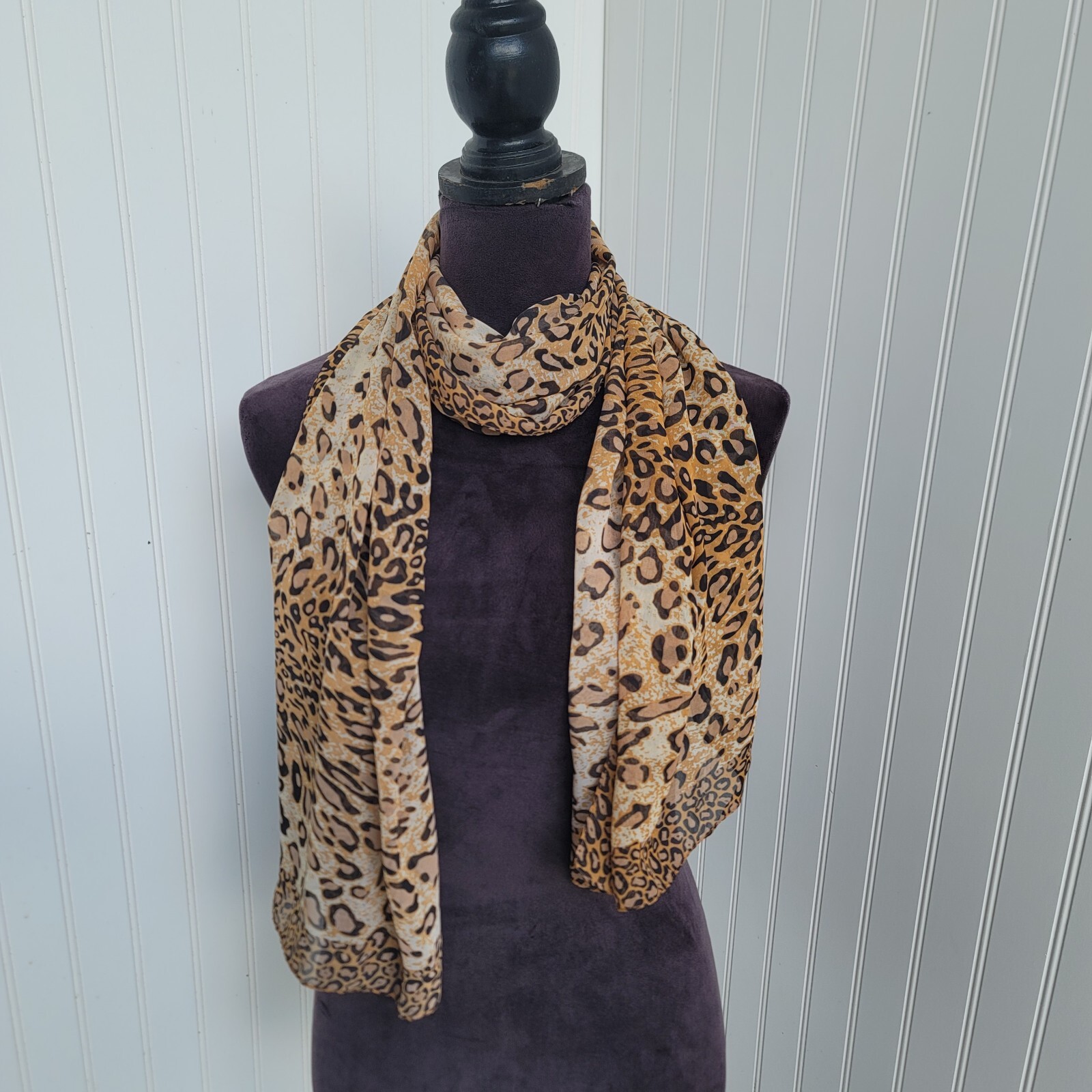 Ladies Sheer Scarf Leopard Cheetah Print Brown Beige Tan – 20″ x 60″