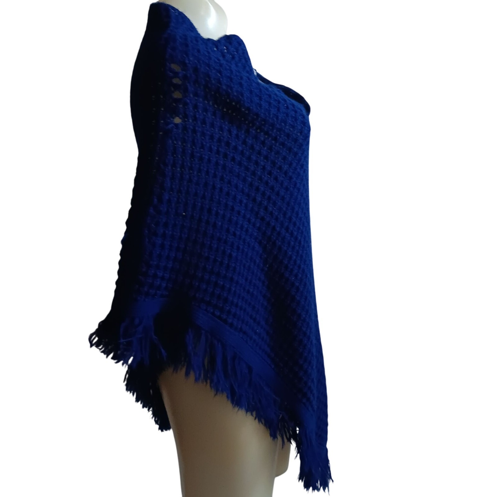 Small Vintage 1970s Womens Sweater Shawl Blue Cape Acrylic Net Woven Hippy Mod