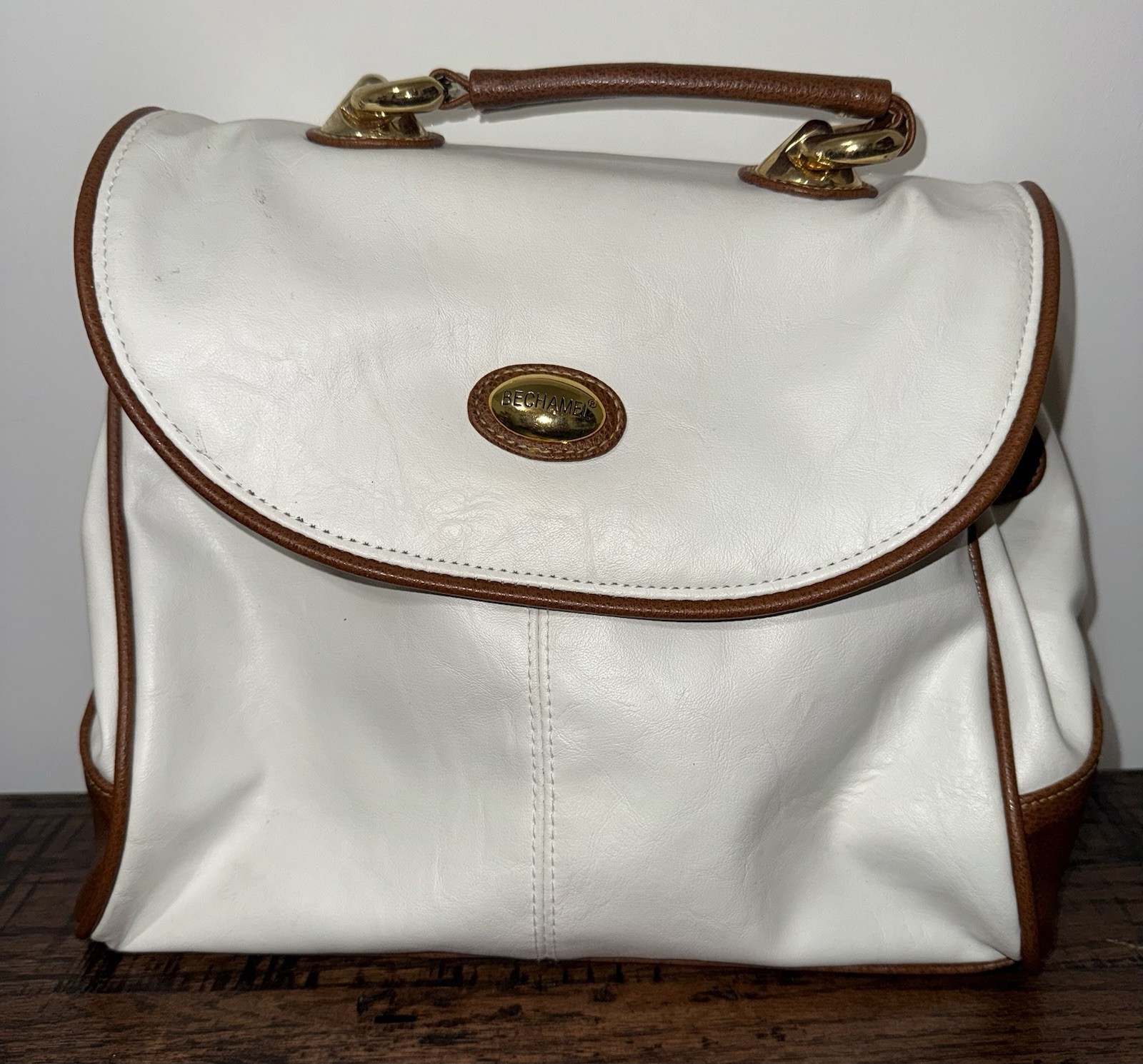 Bechamel Vintage Leather Purse Handbag White Brown Gold Hardware Snap Closure A1
