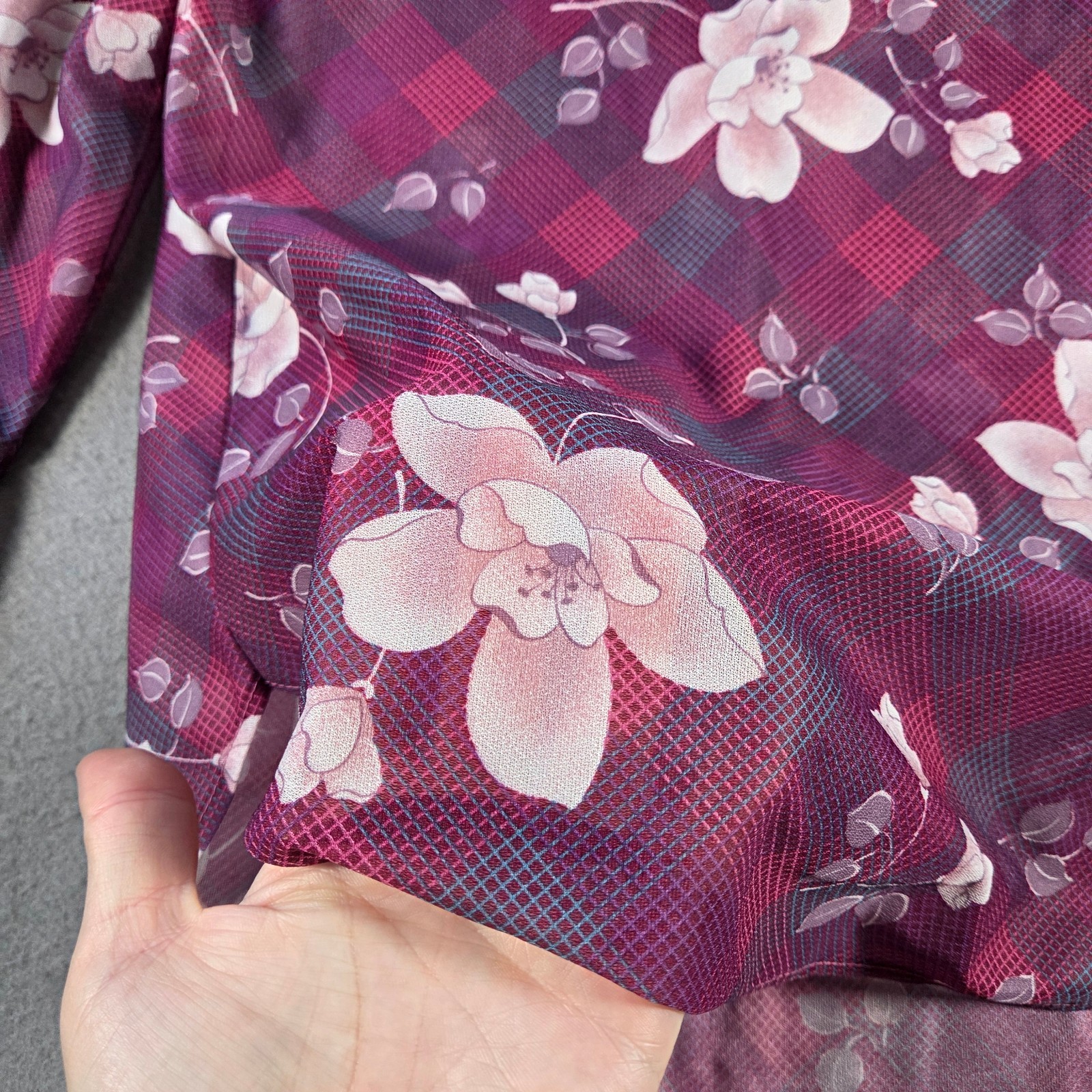 Vintage 60s Blouse Womens Medium Purple Floral Sheer High Neck Long Sleeve