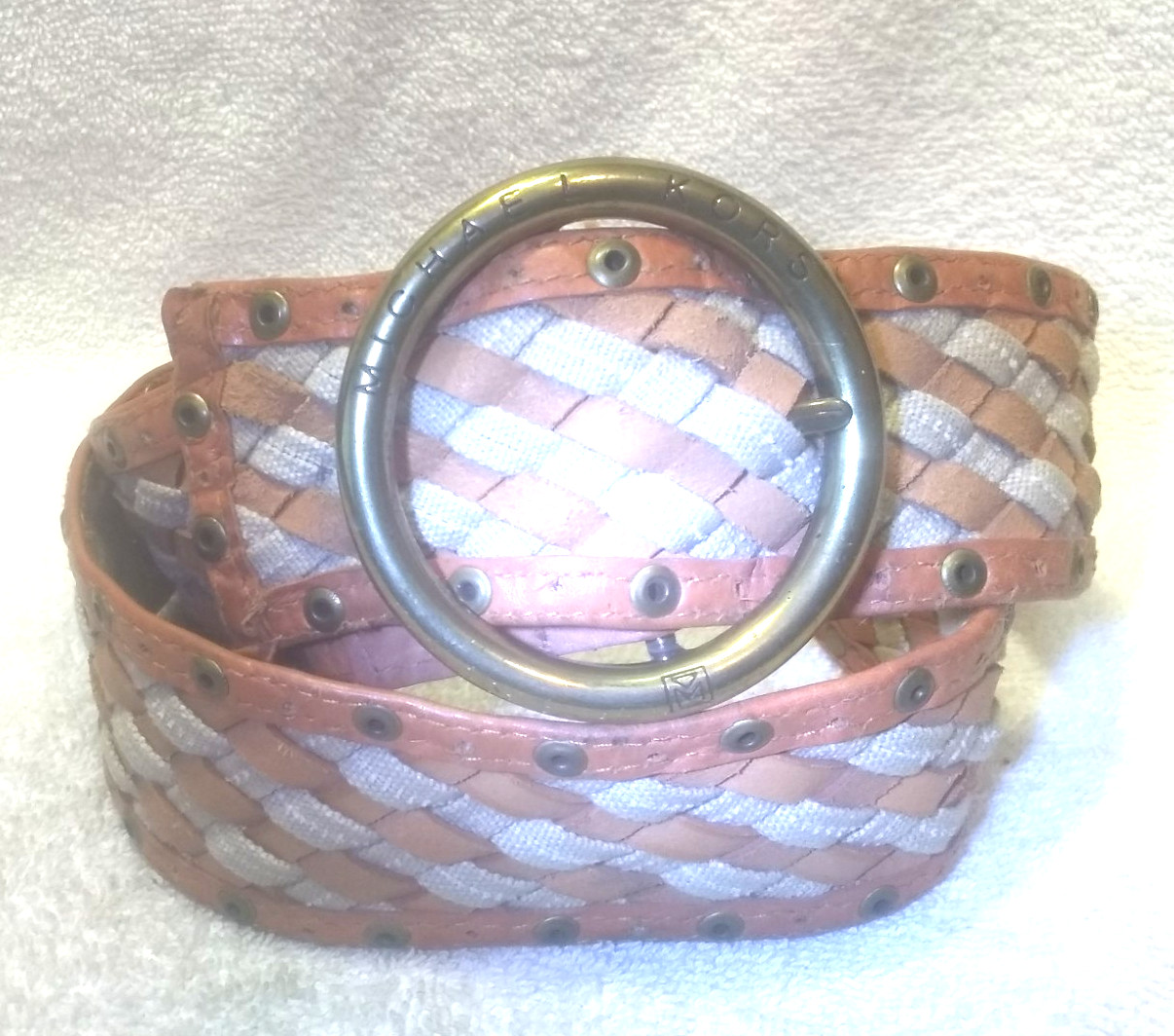 Michael Kors Brown White Interleaved Wide Leather Belt Gold Round Buckle Great