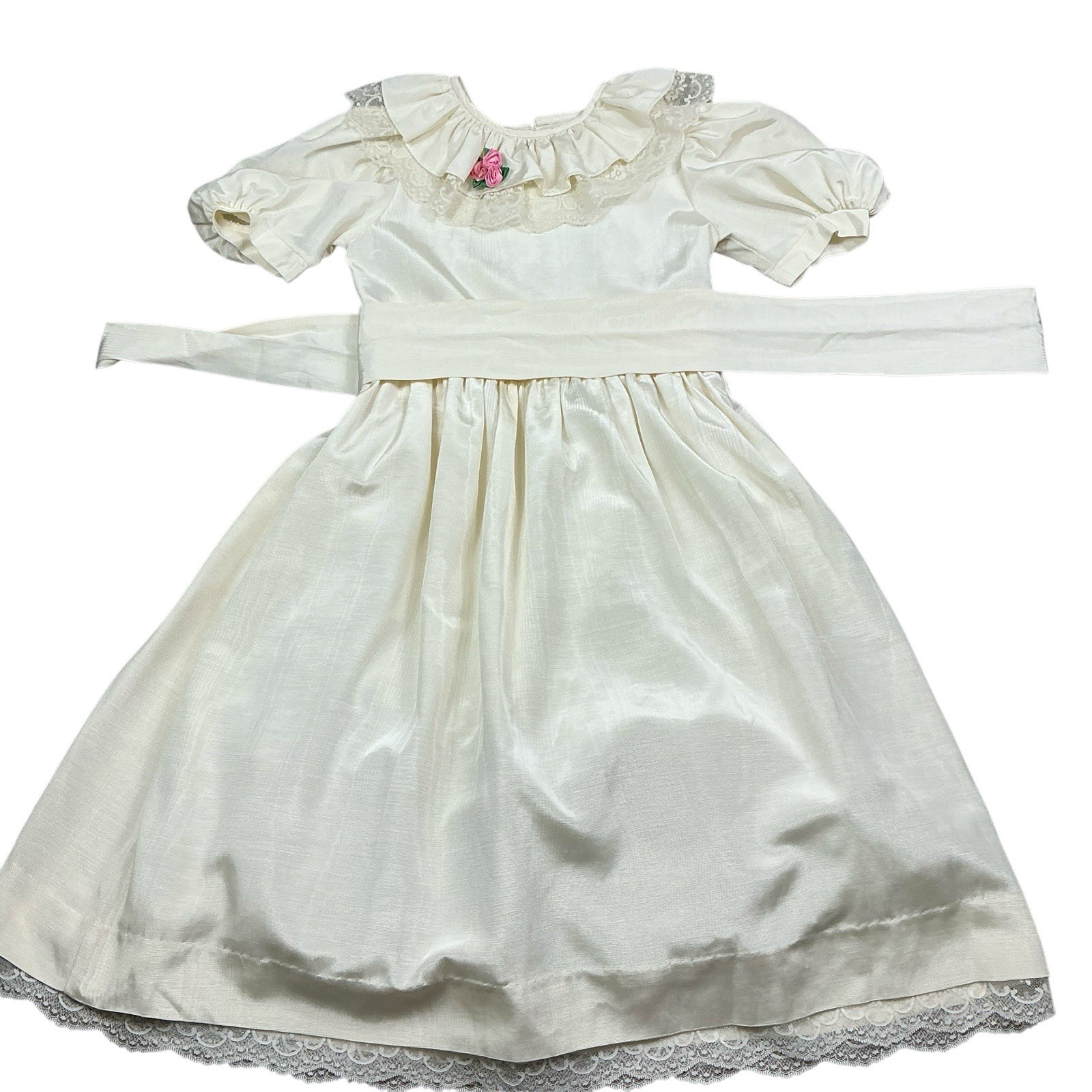 Vintage 90s Sylvia Whyte ivory taffeta lace trim belted dress size 12
