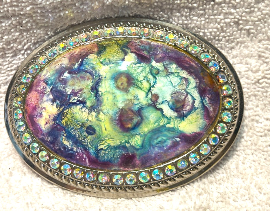 Green Purple Mosaic Flowers Large Oval Buckle Rhinestone Edge Great Shape