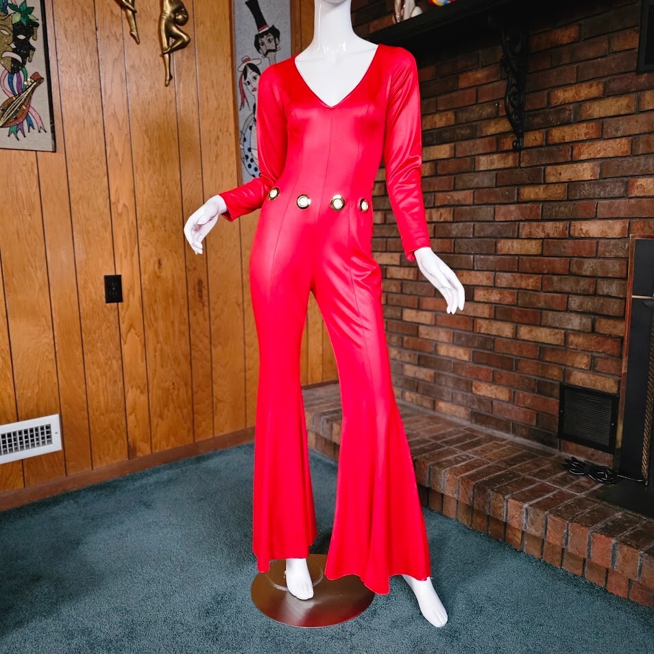 Vtg 70s Hip Hugger Funky Disco Wet Look Catsuit Soul Train Bellbottom Jumpsuit M
