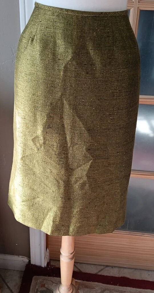 Vintage Kasper Classic Pencil Skirt Green Textured Lined Kick Pleat Sz 8 Sexy