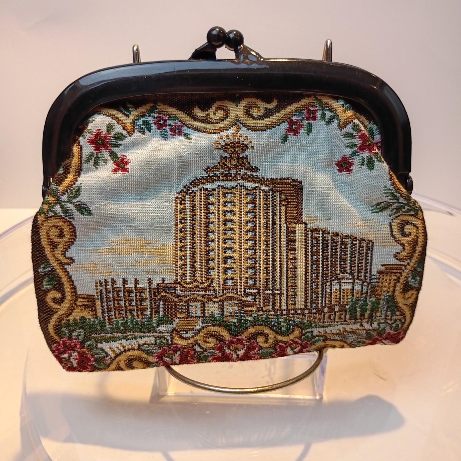 Vintage Petit Point Tapestry Coin Purse Kiss Lock Architectural Building Floral