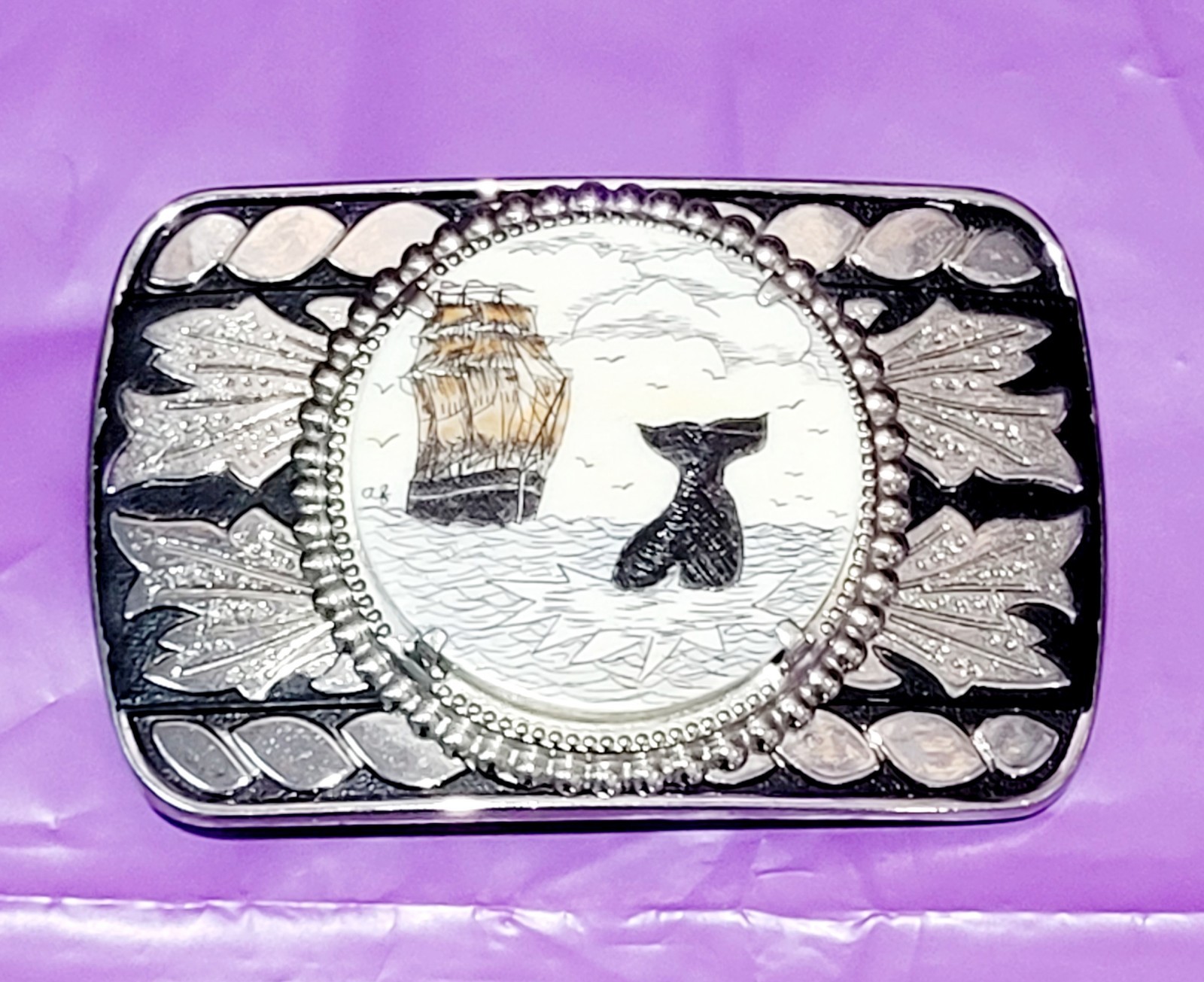 VTG Hand Etched Scrimshaw Sailing Ship Whale Belt Buckle Silver Tone Nautical