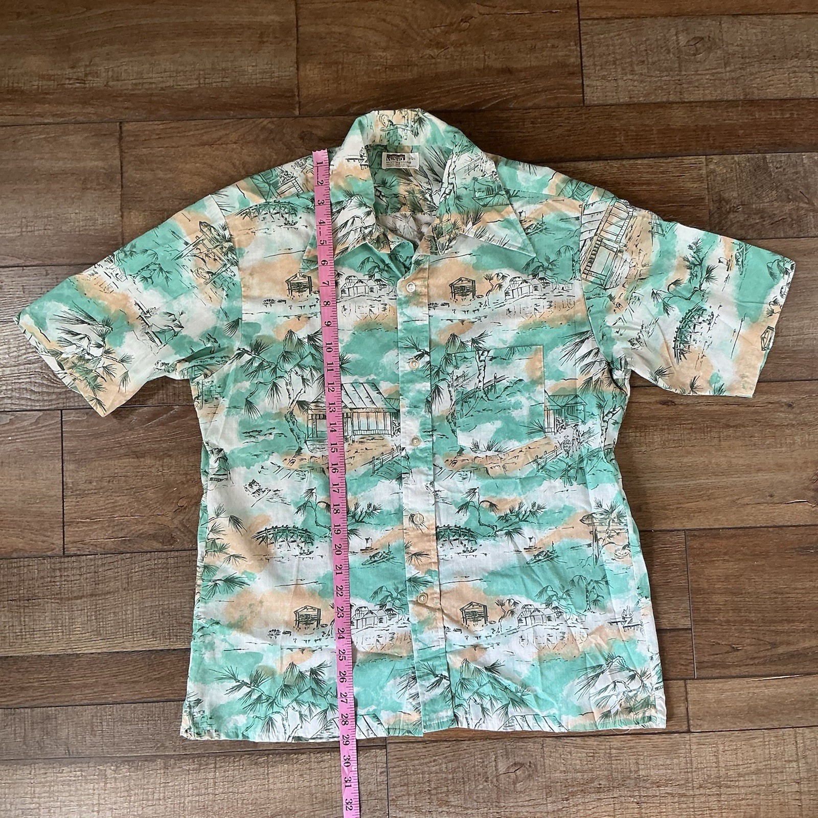 60s VINTAGE Montgomery Ward Men’s Size L Hawaiian Shirt Scenic Print Aloha 30826