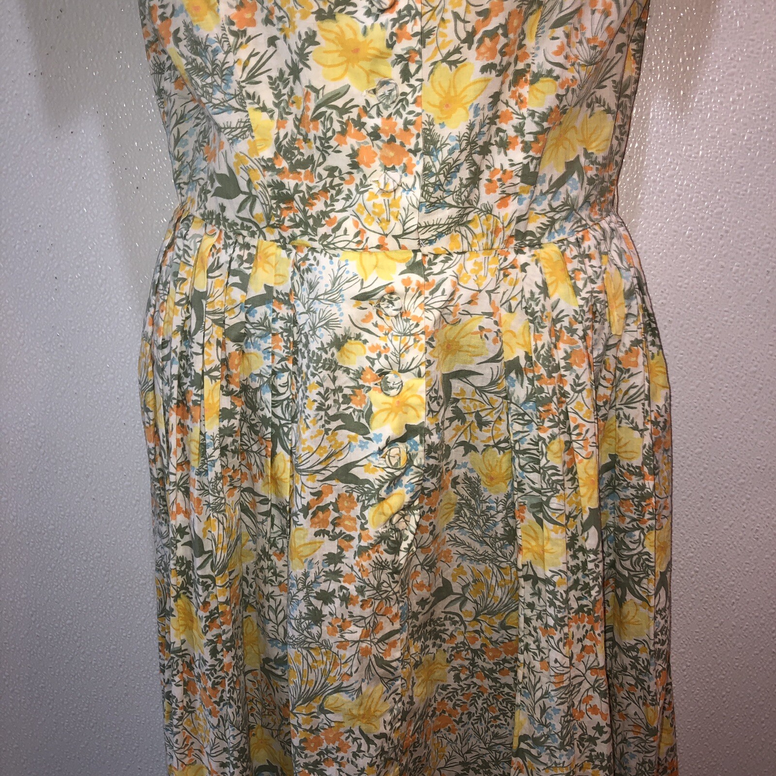 Vintage McMULLEN Medium Dress Yellow Blue Floral Round Neck Cap Sleeve Size M ?