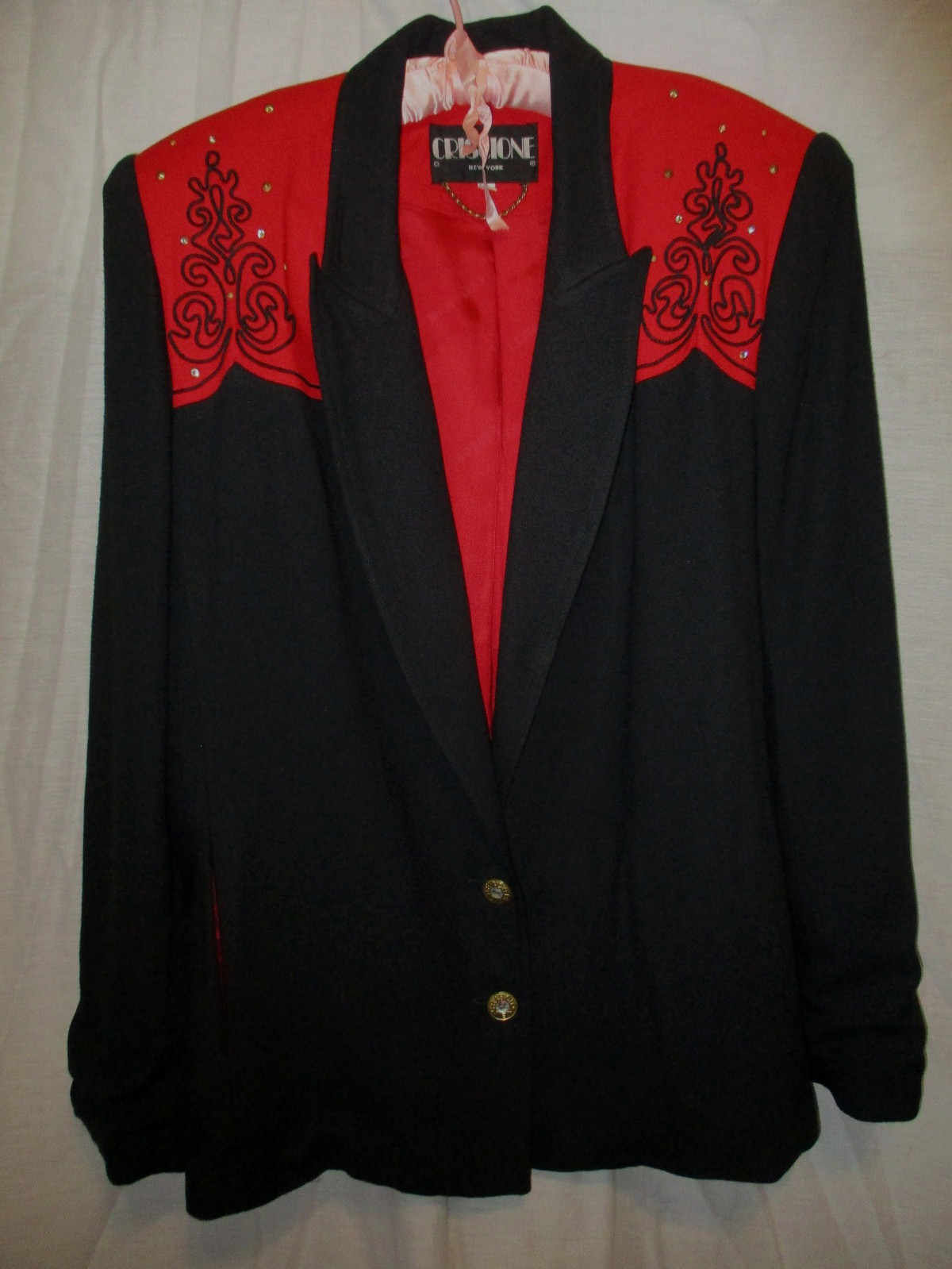 Vtg 80s CRISCIONE Red/Black Blazer Jacket~L~Studded Padded Shd Hollywood Glam US