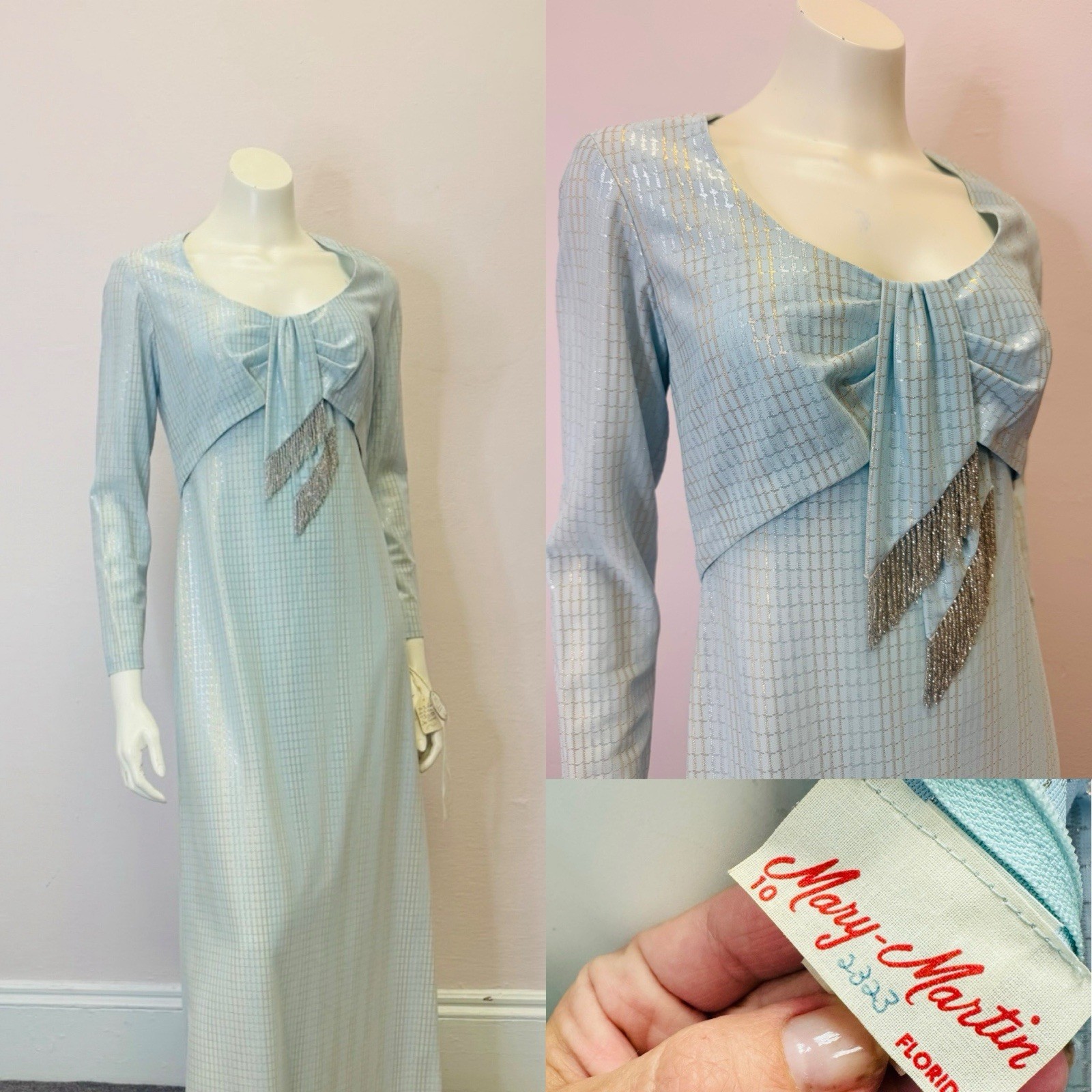 VTG 60’s 70s Baby Blue Metallic Thread Lurex Beaded Old stock Dress Size 10 S