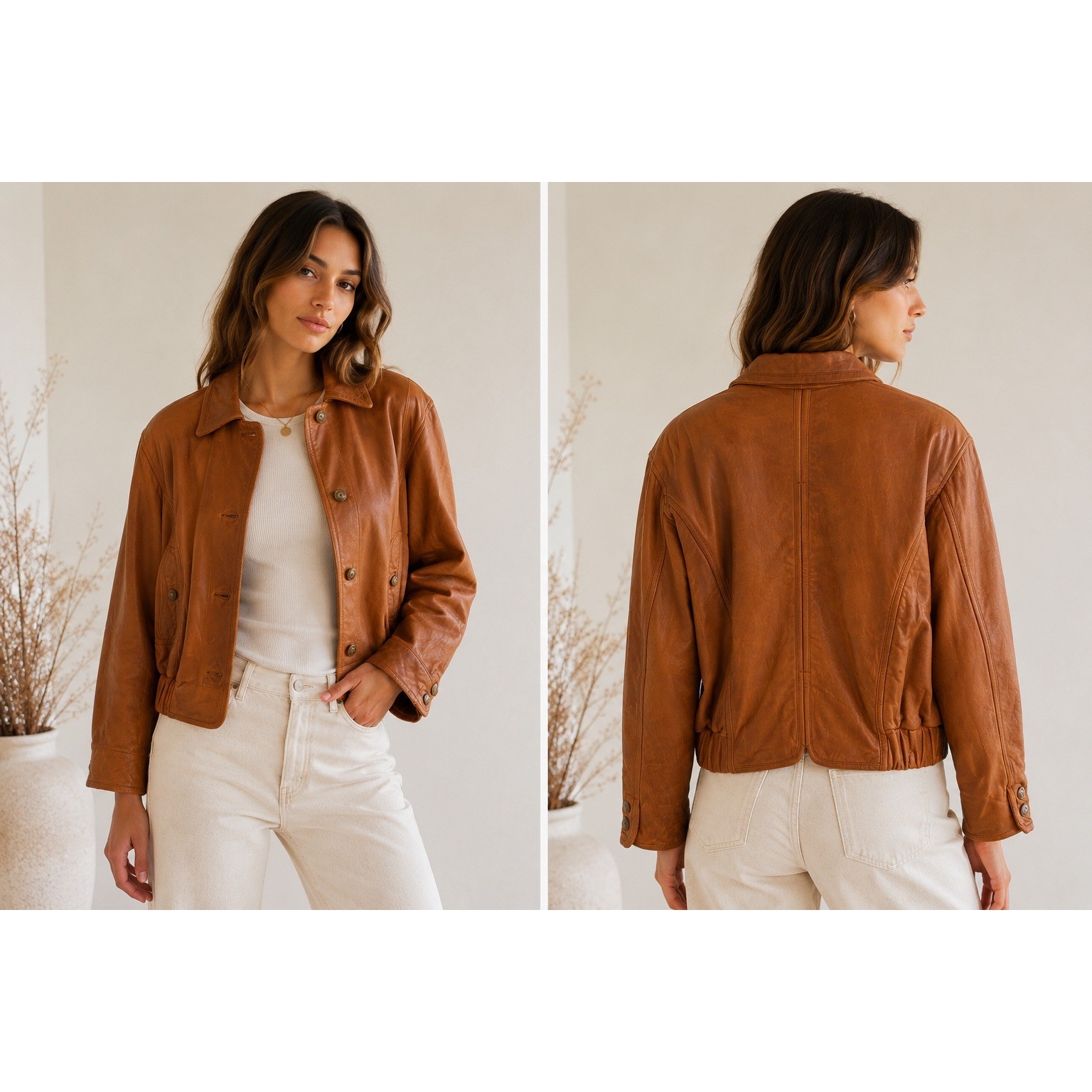 Kara George Leather Bomber Jacket Womens Small Brown Cropped Vintage 90s