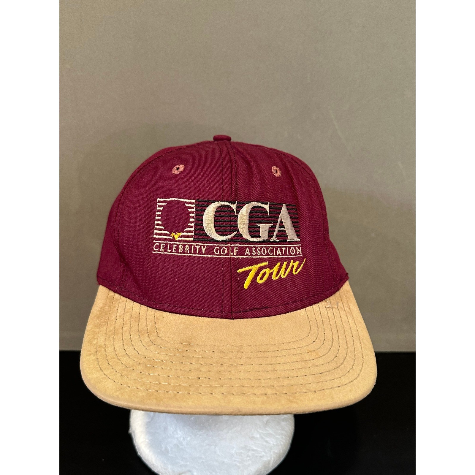 Vintage CGA Celebrity Golf Association Tour Hat Burgundy Tan Strapback USA Made