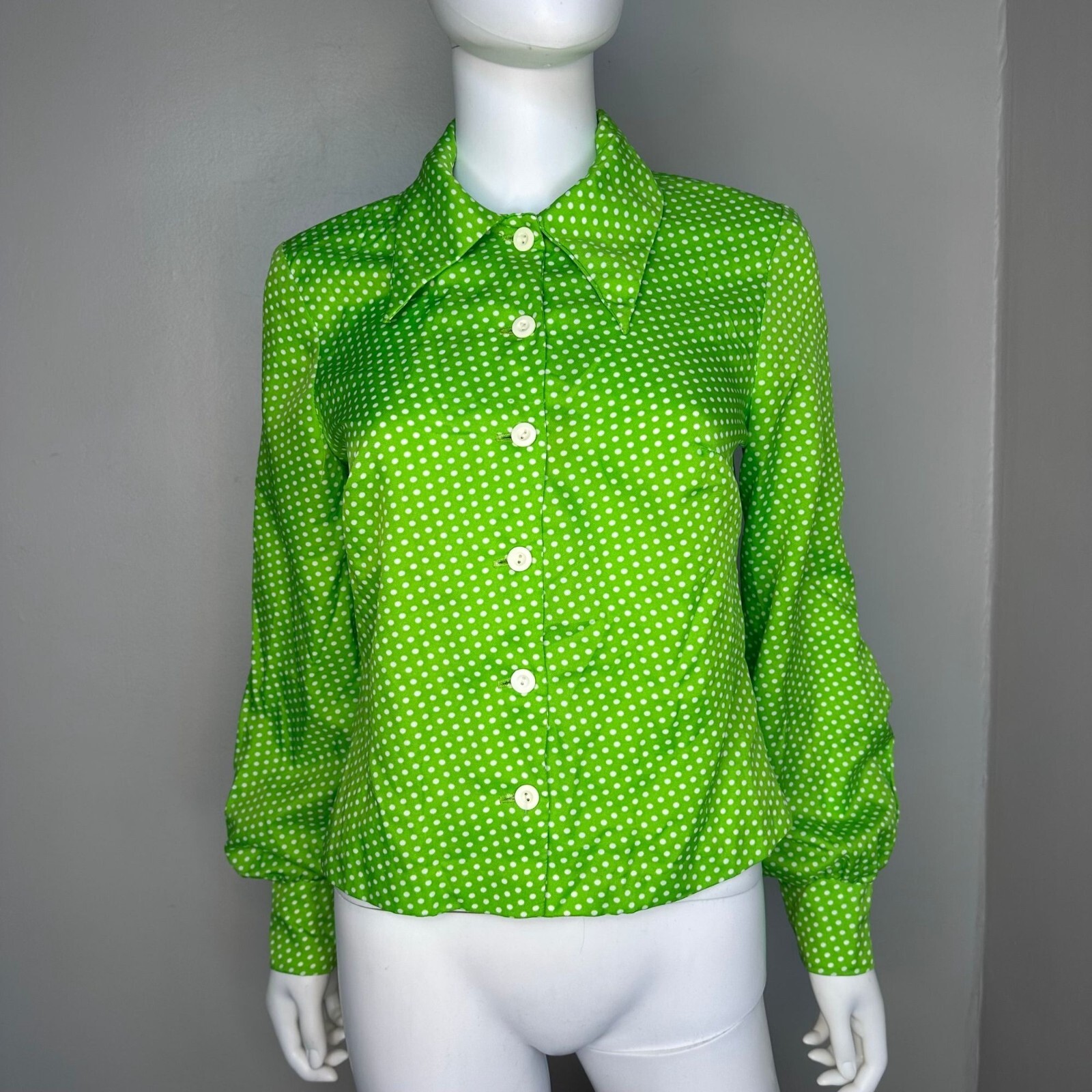 Vtg 1970s Green White Polka Dot Blouse 70s Melissa Lane Shirt Top Long Sleeve
