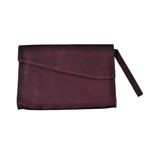 Vintage Anne Klein By Calderon Maroon Pebbled Envelope Clutch With Strap Zipper