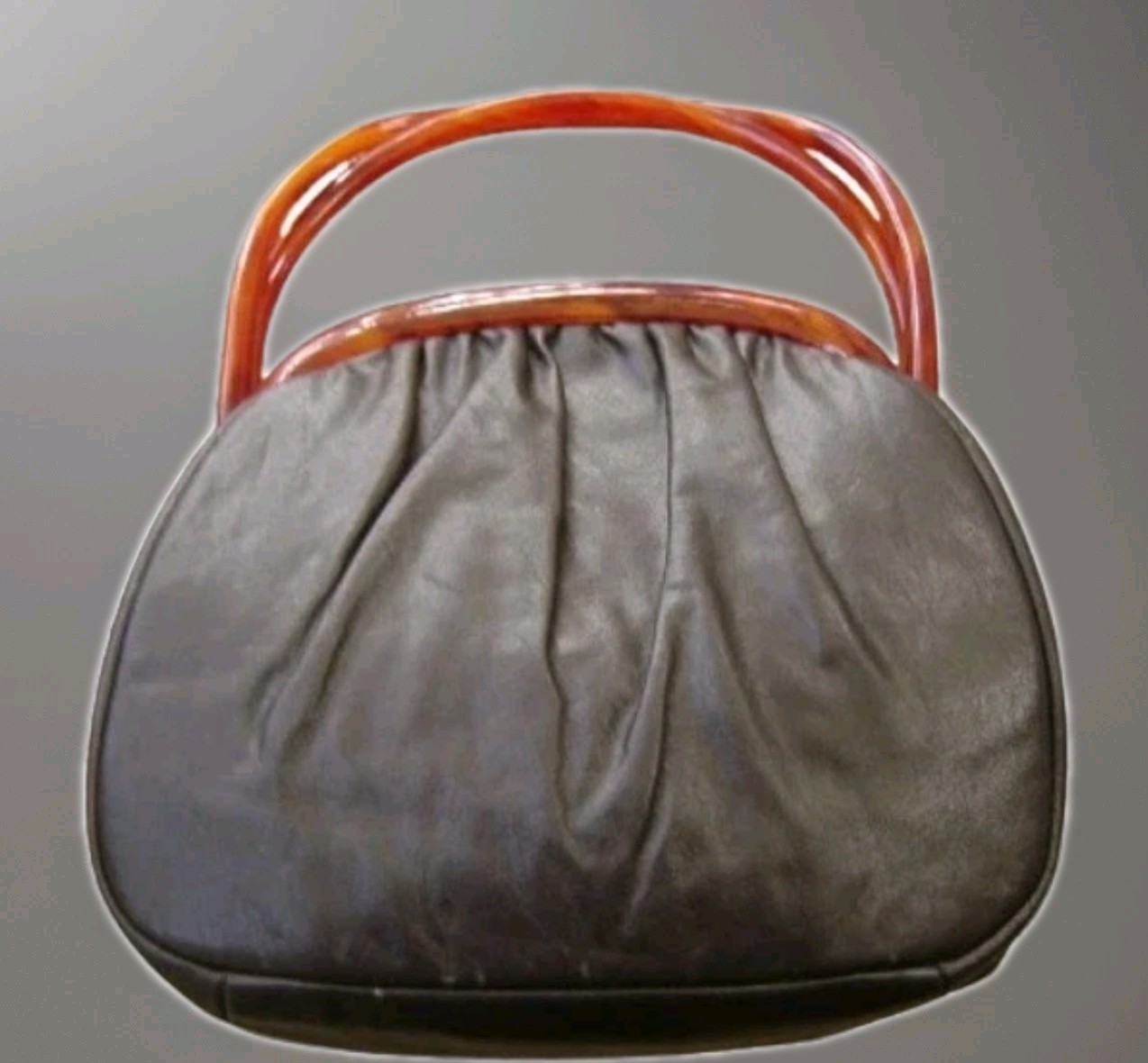 Vintage Erta Black Leather Purse w Lucite Plastic Tortoise Brown Handles 1960s