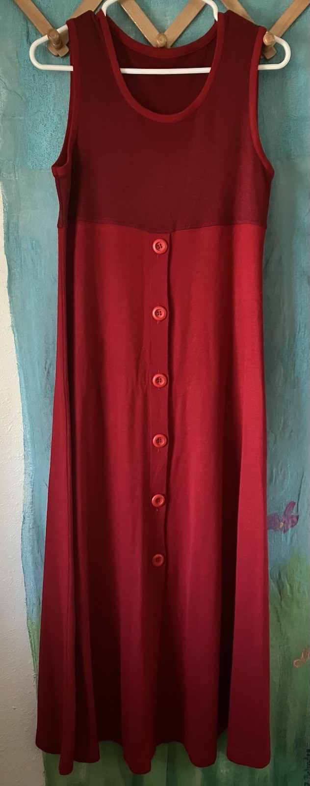 Vintage 90s Red French Minimalist Sleeveless Maxi DRESS A-Line, Front Buttons, M