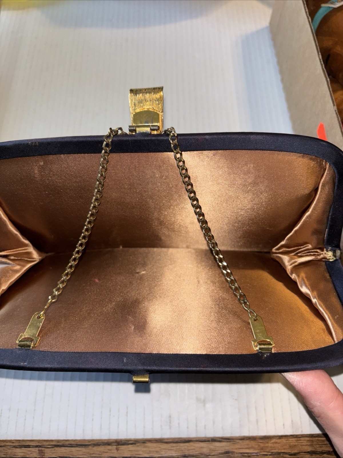 Vintage After Five Clutch Purse-5 Inch Drop Chain-Gold Clasp-Black Satin Formal
