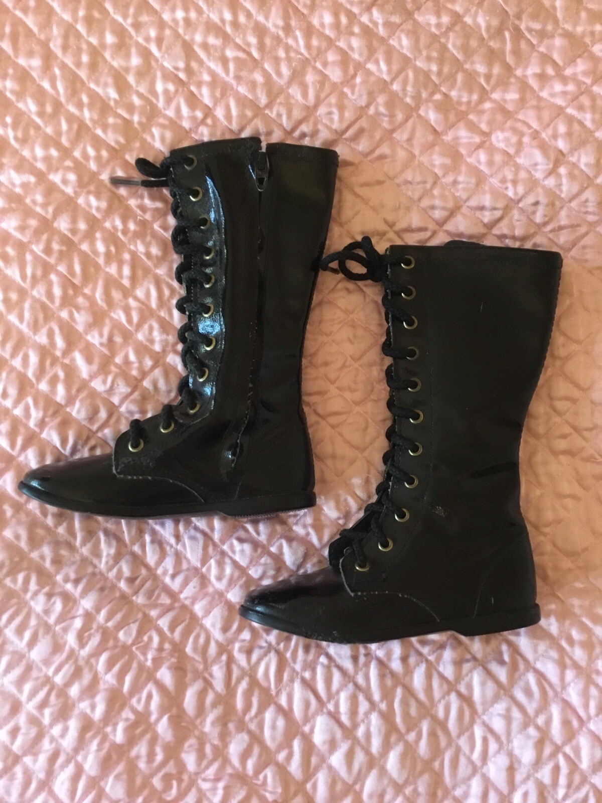 Vintage Girl Kids Children Black Shiny Patent Leather Look Zip Up Lace Up Sz. 7D
