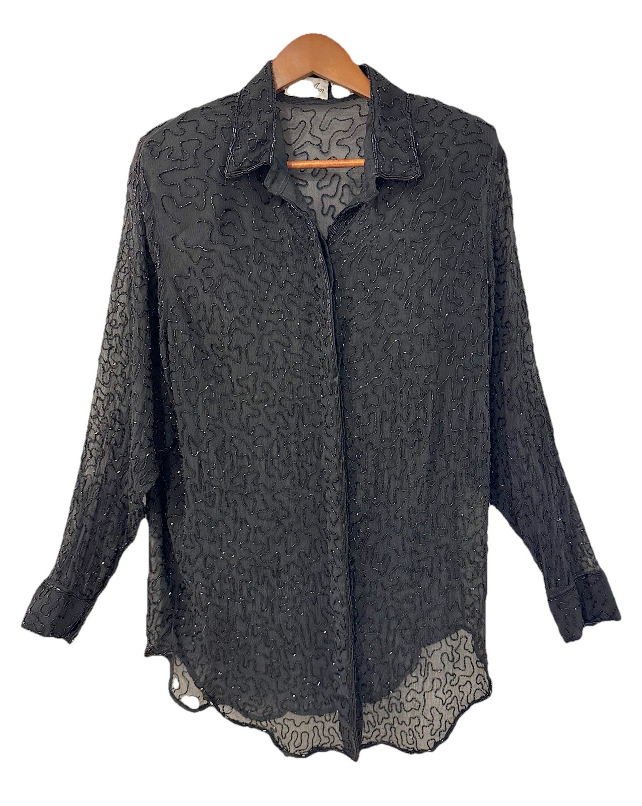 Vintage Judith Ann 100% Pure Silk Hand Beaded Crepe Blouse Top Jacket Black Sz M