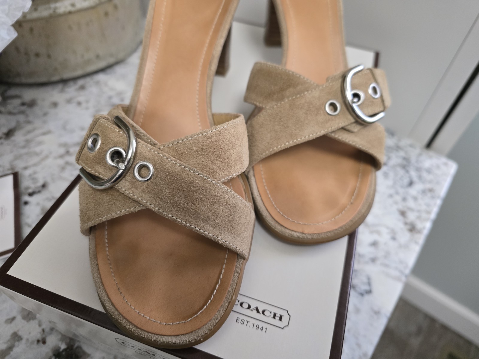 Vintage Coach Neena Suede Slide, Buckle, Women’s 8, Camel, W/Box Excellent Shape