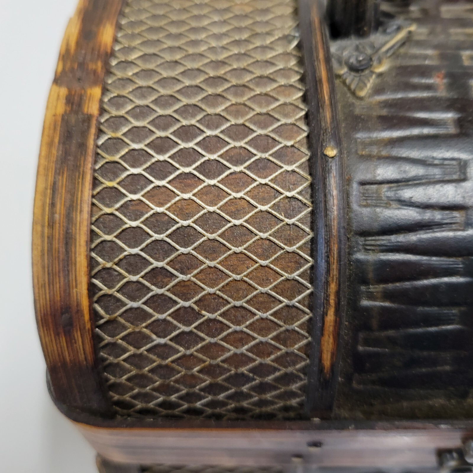 Wood, Metal, & Leather-like Trinket Box Purse Handbag W/ Metal Latch & Hardware