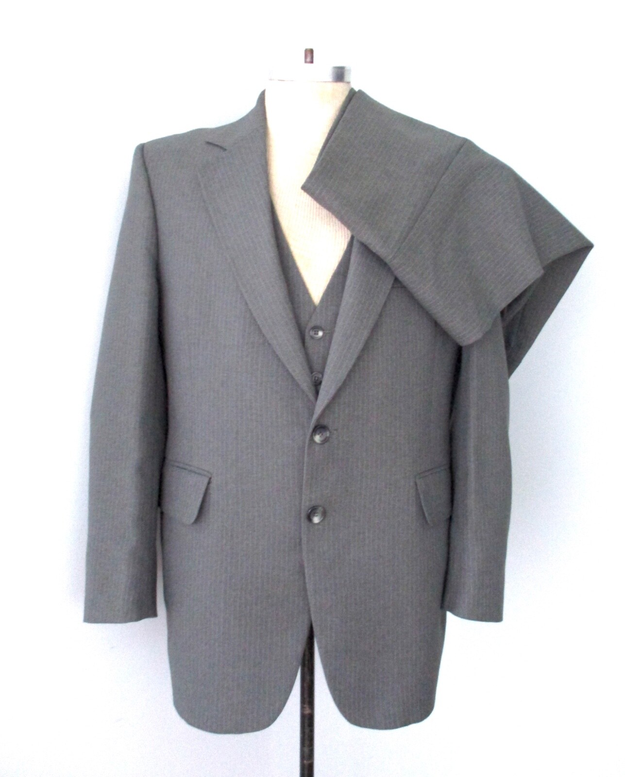 Vtg 70s Gray Pinstripe 3-Pc Gangster Suit Vest Wide Leg Pants Banker Pimp 43R