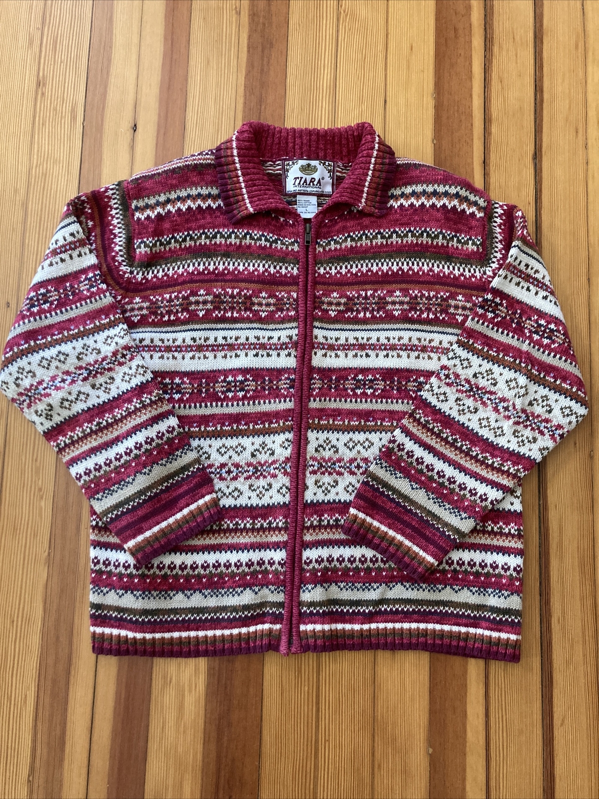 Knit Sweater 2002 LARGE Tiara International Women Zip Front Cardigan Red Stripe
