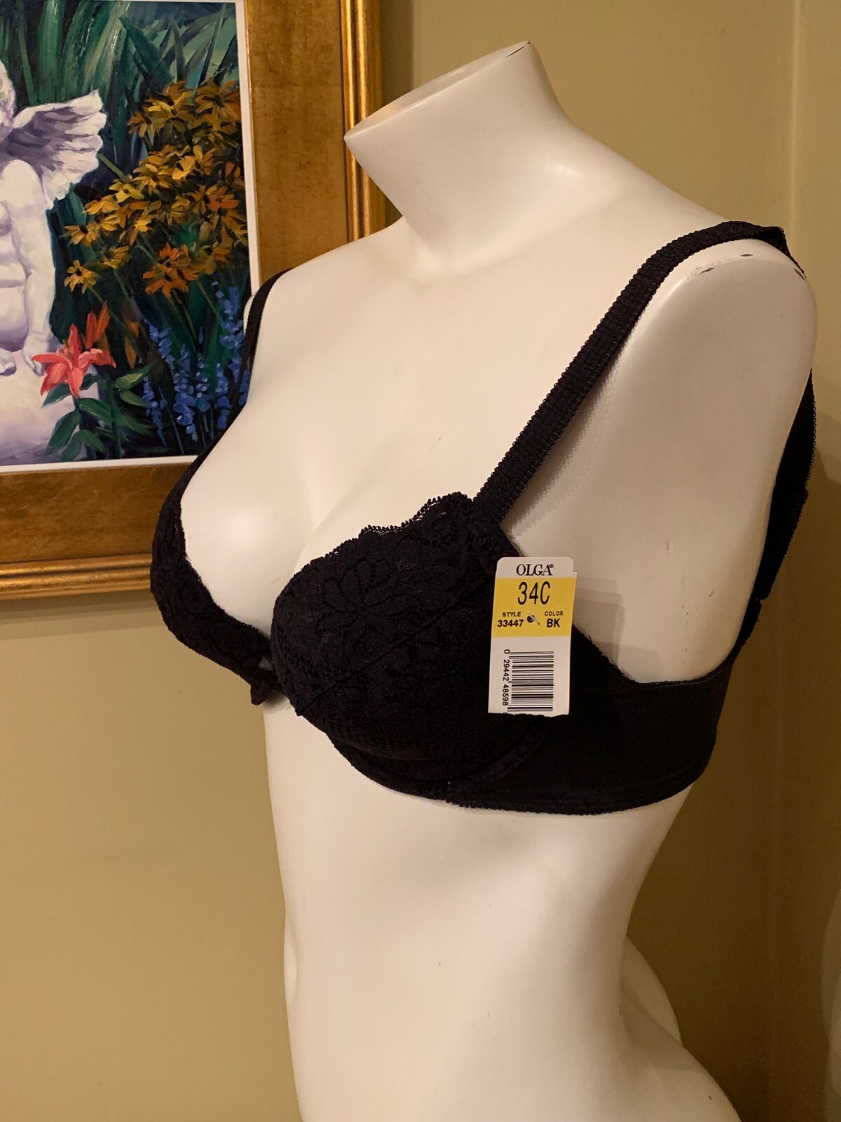 VINTAGE OLGA ~ BLACK LACE LIGHTLY PADDED PLUNGE UNDERWIRE BRA ~ SIZE 34C