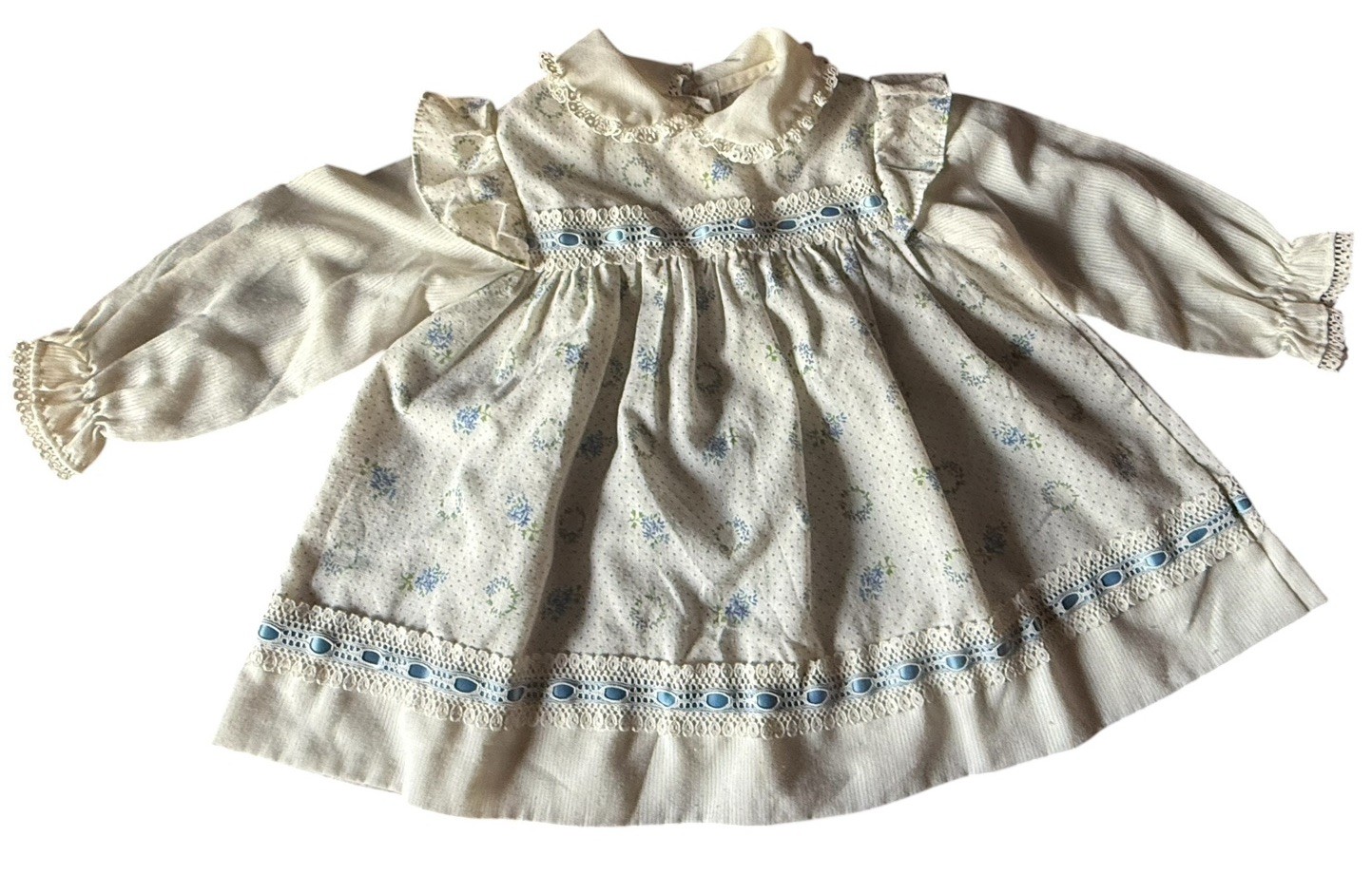 Vintage Baby Dress Blue Ivory Floral Lace Trim Buttons Ribbon 18 Months No Tag