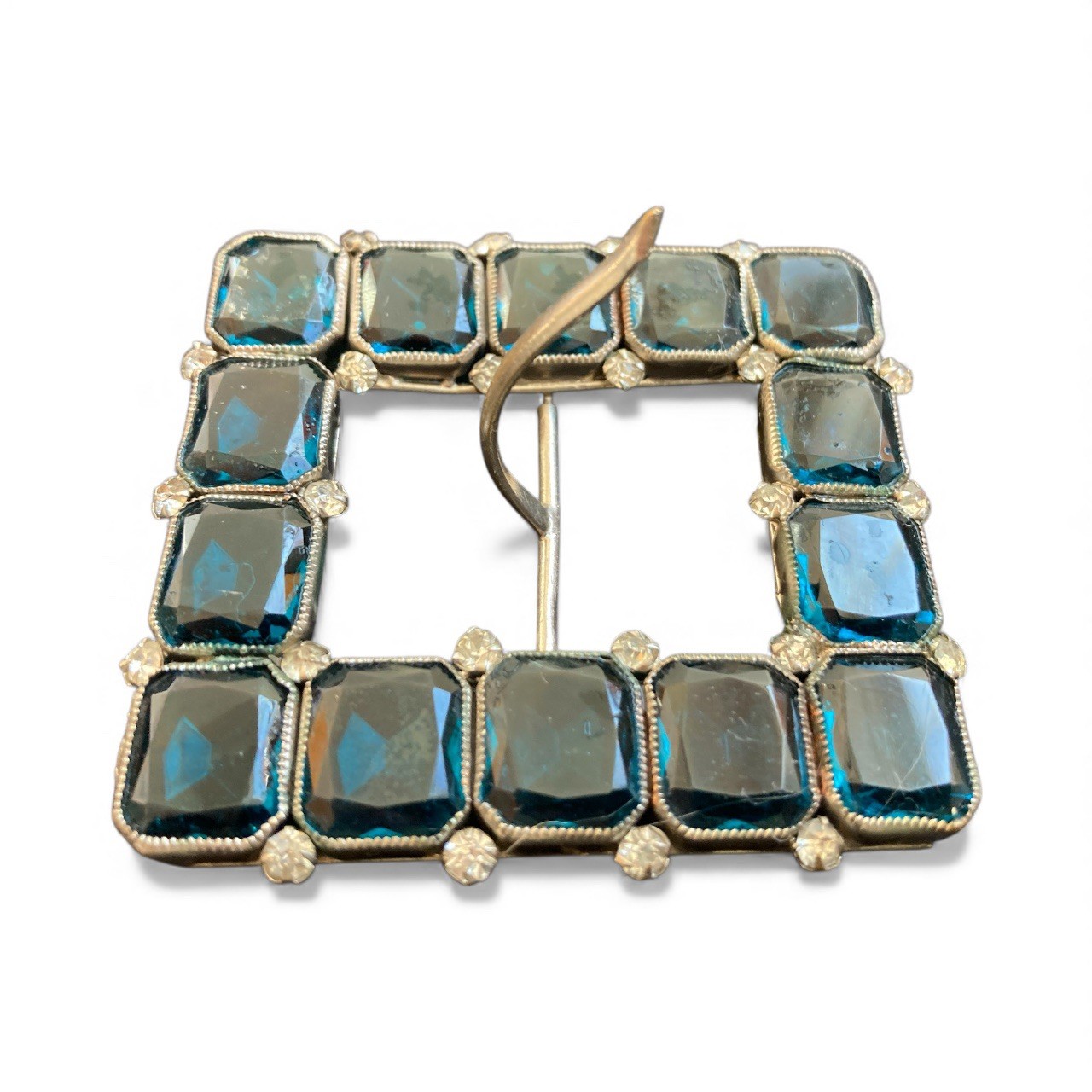 Antique Vintage 30s Deco Large Czech Aquamarine Glass Belt Buckle