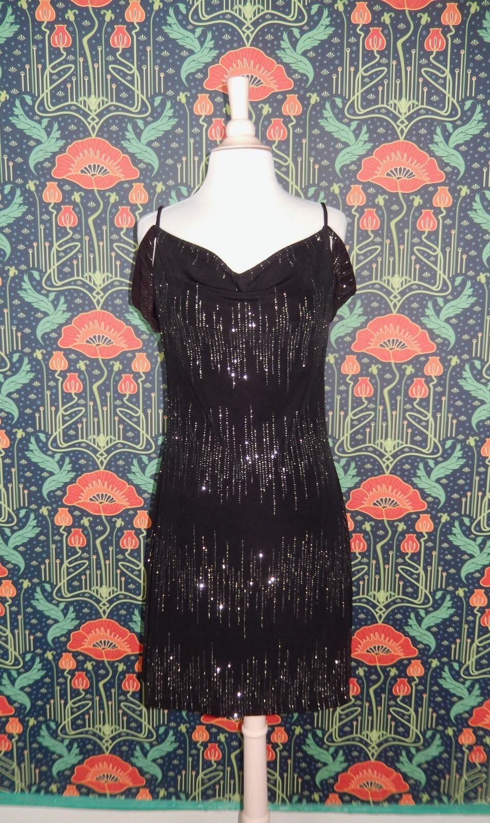 Vintage 90’s Y2K Black Carabella Cowl Neck Glitter Party Mini Dress