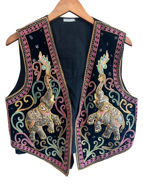 Vtg 90s Artisan Handmade Thai Elephant Vest Beaded 3D Puffed Boho Art to Wear L
