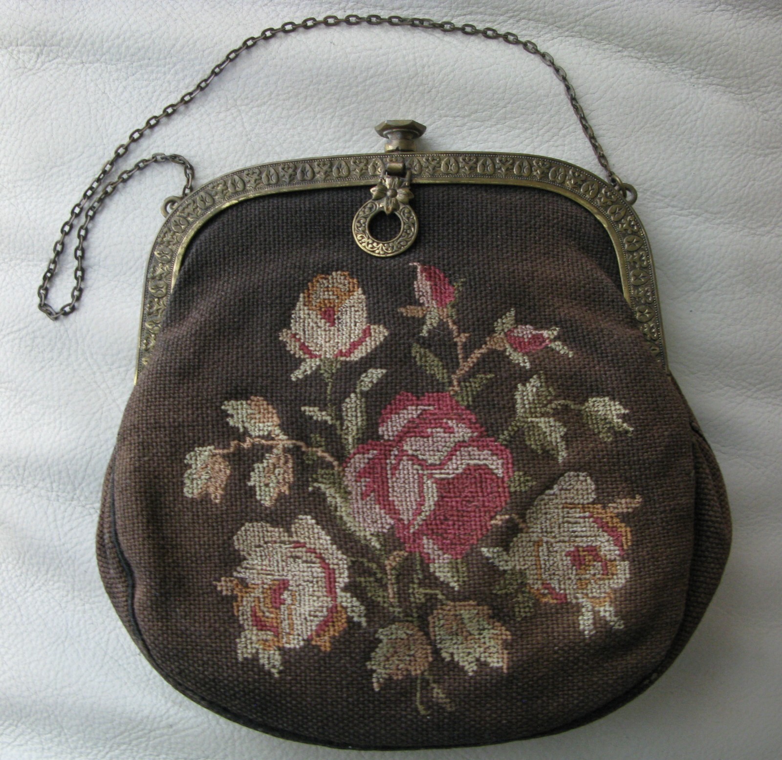 Antique Gold Frame Brown Wool Silk Pink Rose Floral French Petit Point Purse