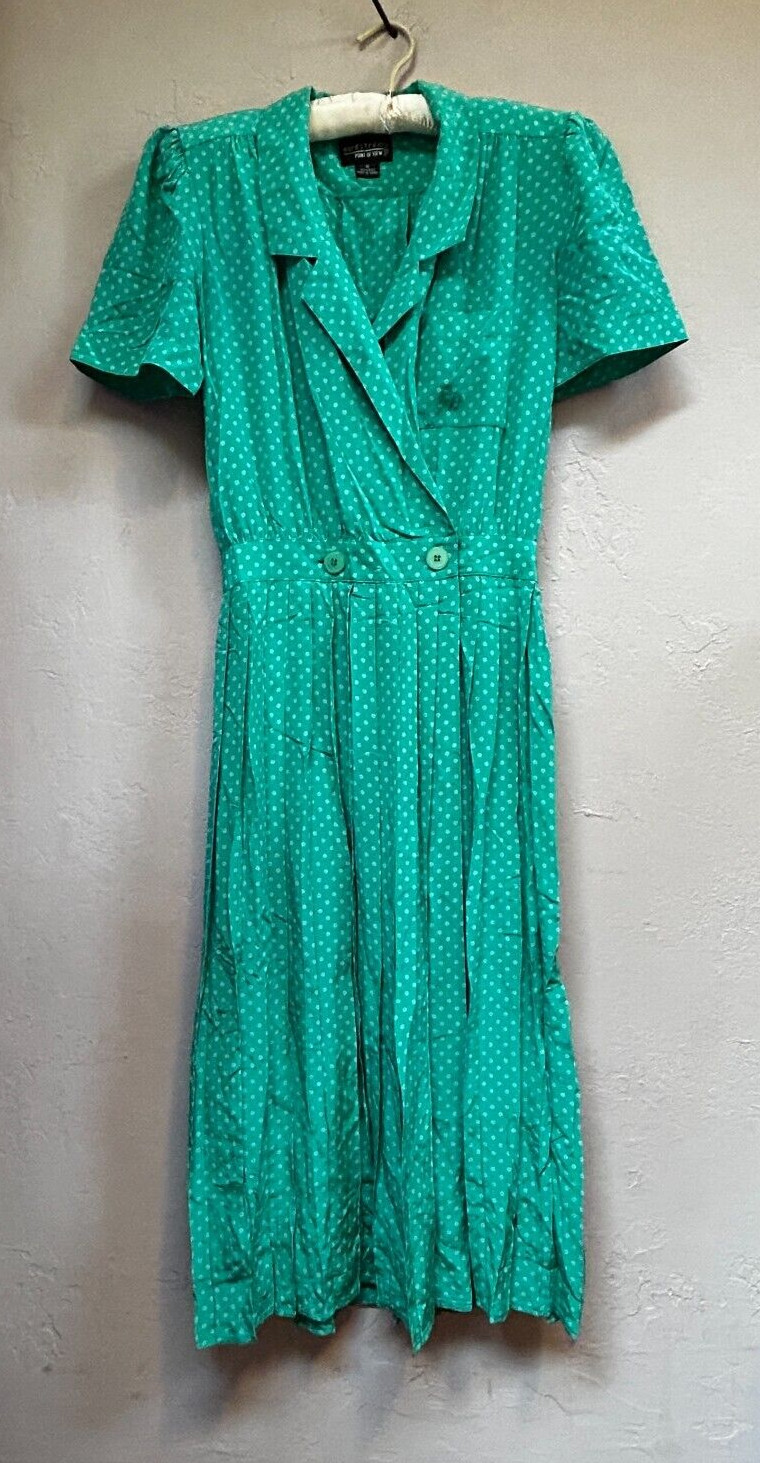 Nordstrom Point Of View Vintage Green Polka Dot Silk Pleated Faux Wrap Dress 8