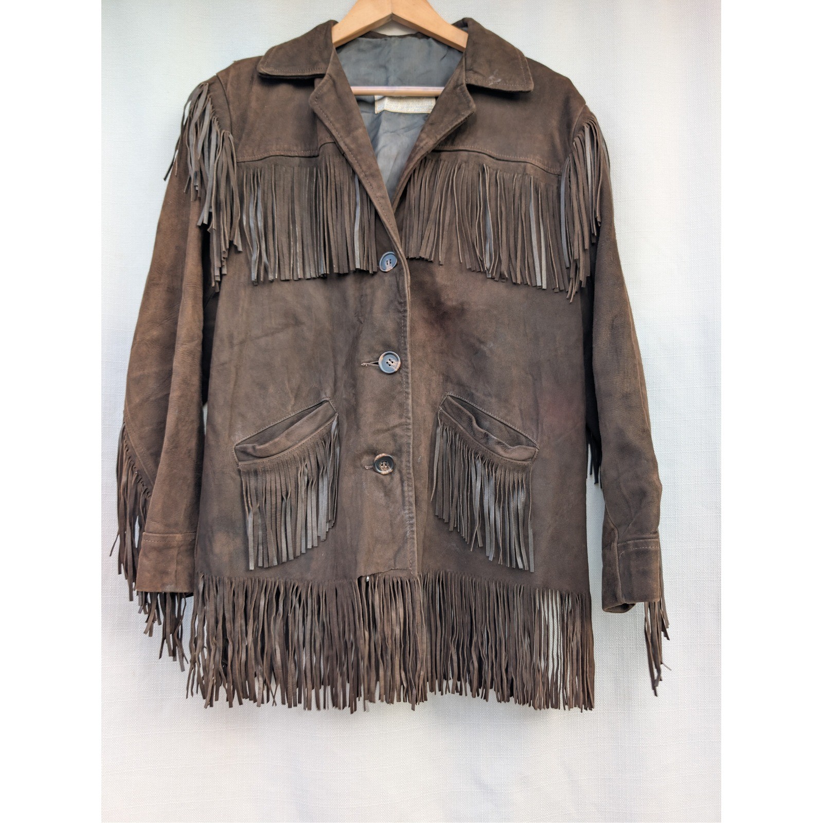 Vintage Dark Brown Suede Fringe Western Jacket Womens Boho Tassel Coat