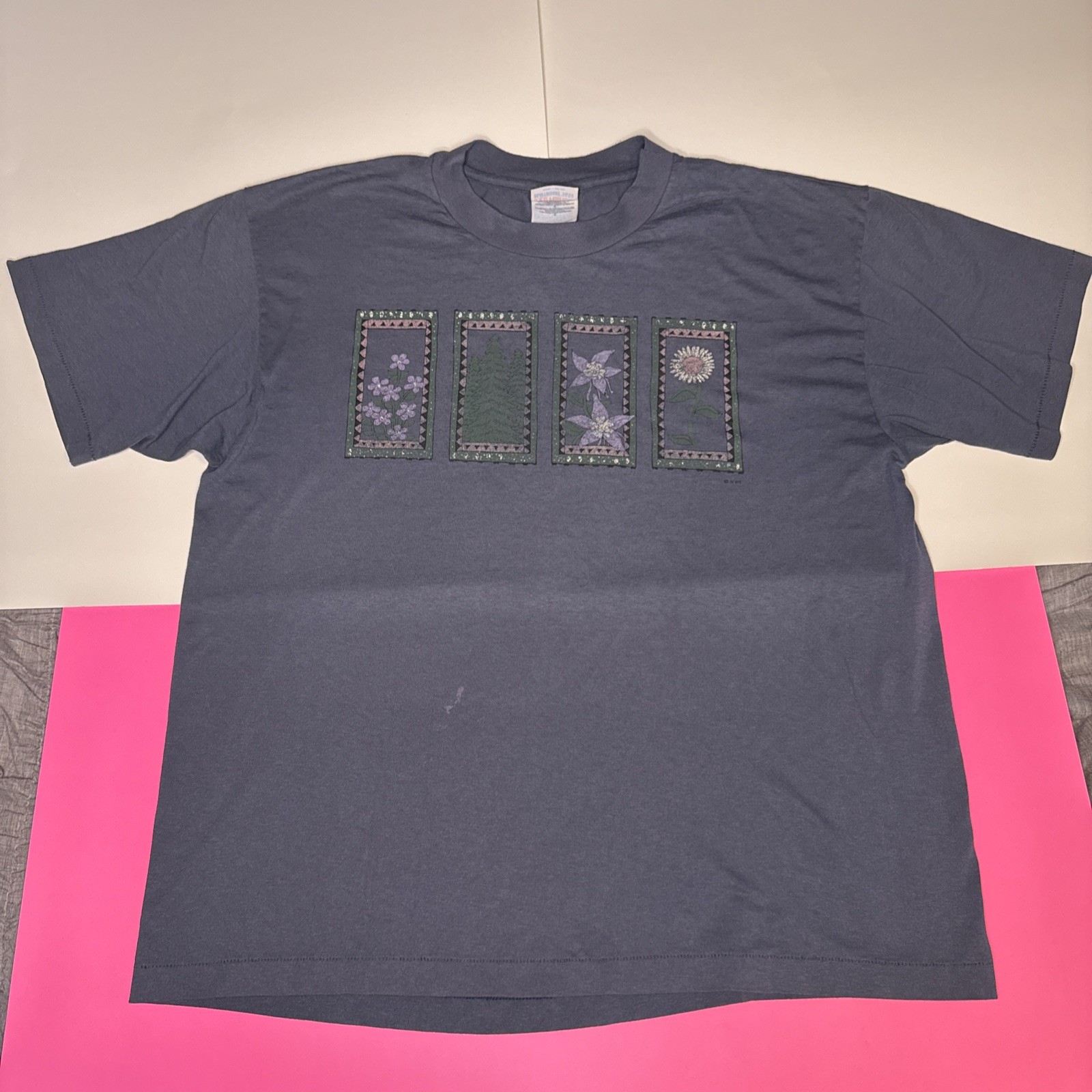 VTG Hanes Heavyweight 50/50 Single Stitch T Shirt Flowers Watercolor L (42-44)