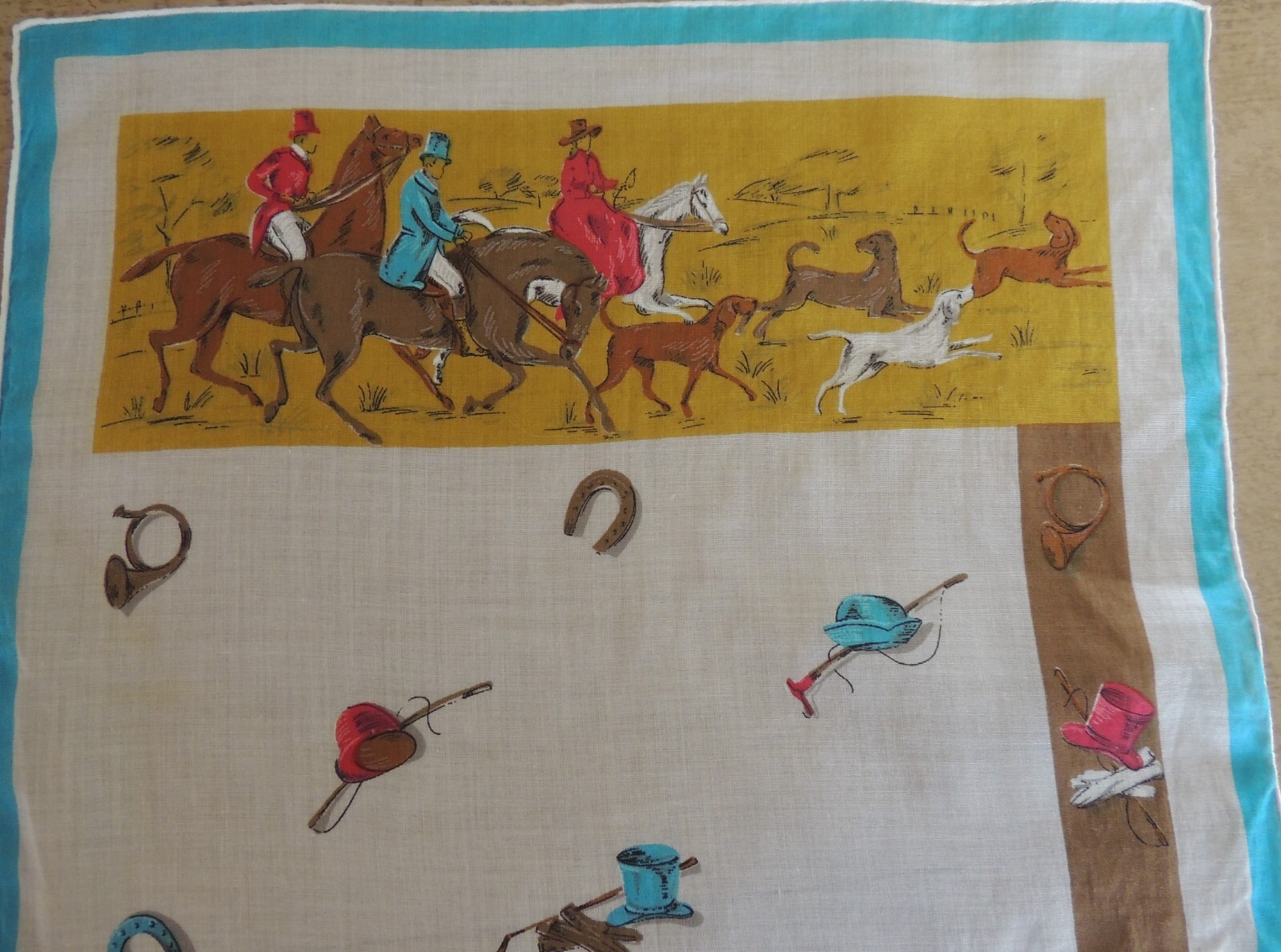 HUNT SCENE Vintage Dessin Dep. Organdy Handkerchief 12″ Square Colorful Scene