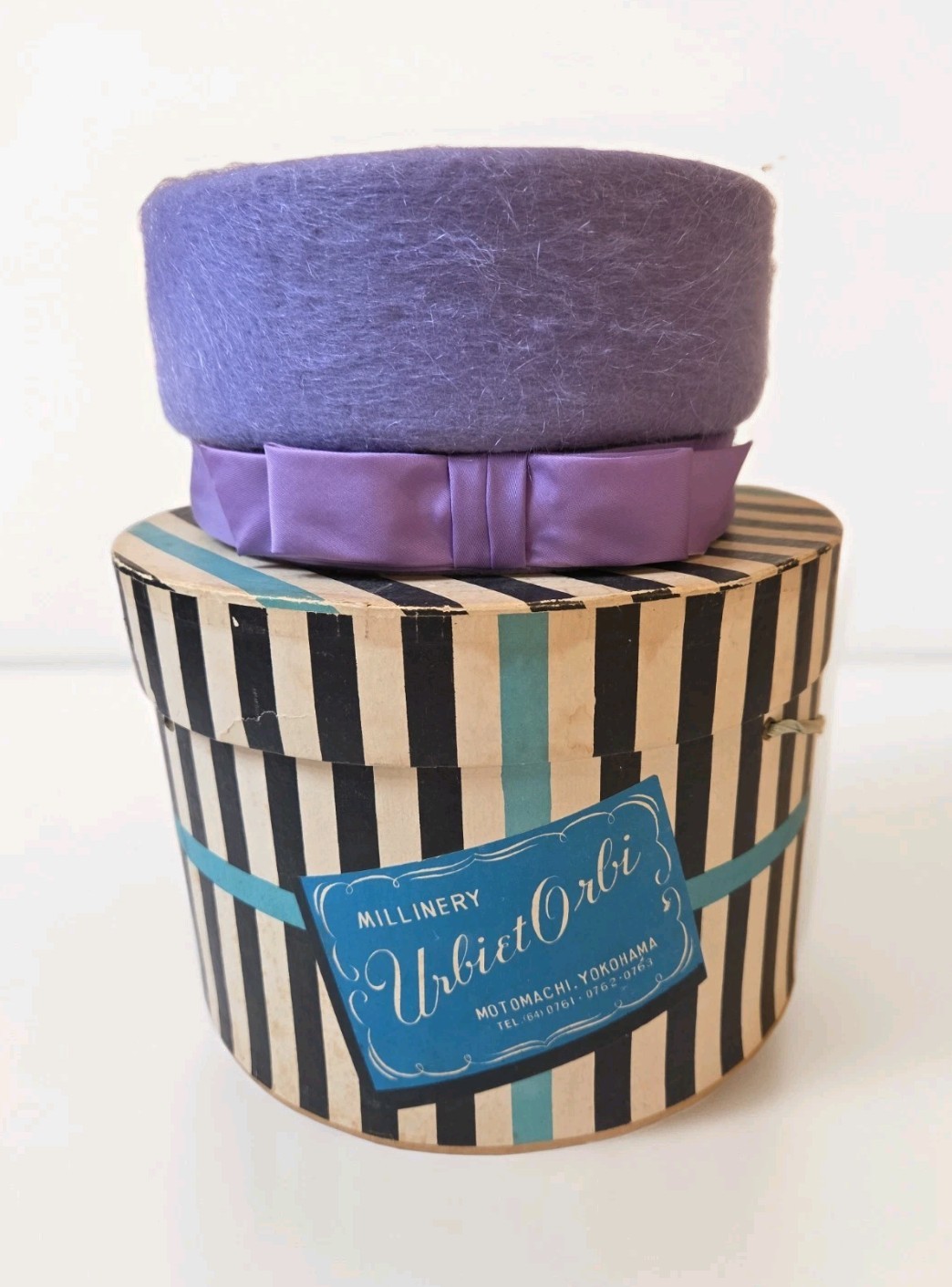 Mid-Century Japanese Designer URBI ET ORBI Pillbox Hat Purple Wool W/Bow 1950’s