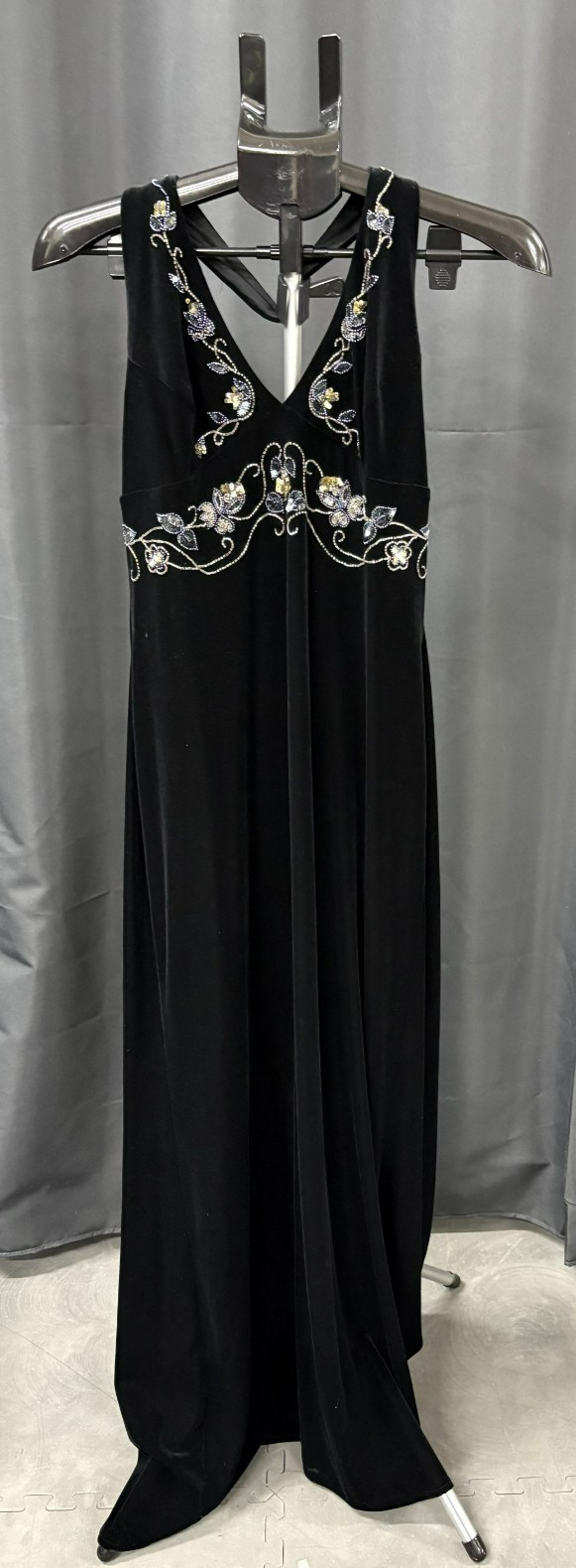 Vintage 90s Black Velvet Beaded Halter Maxi Dress size 13/14