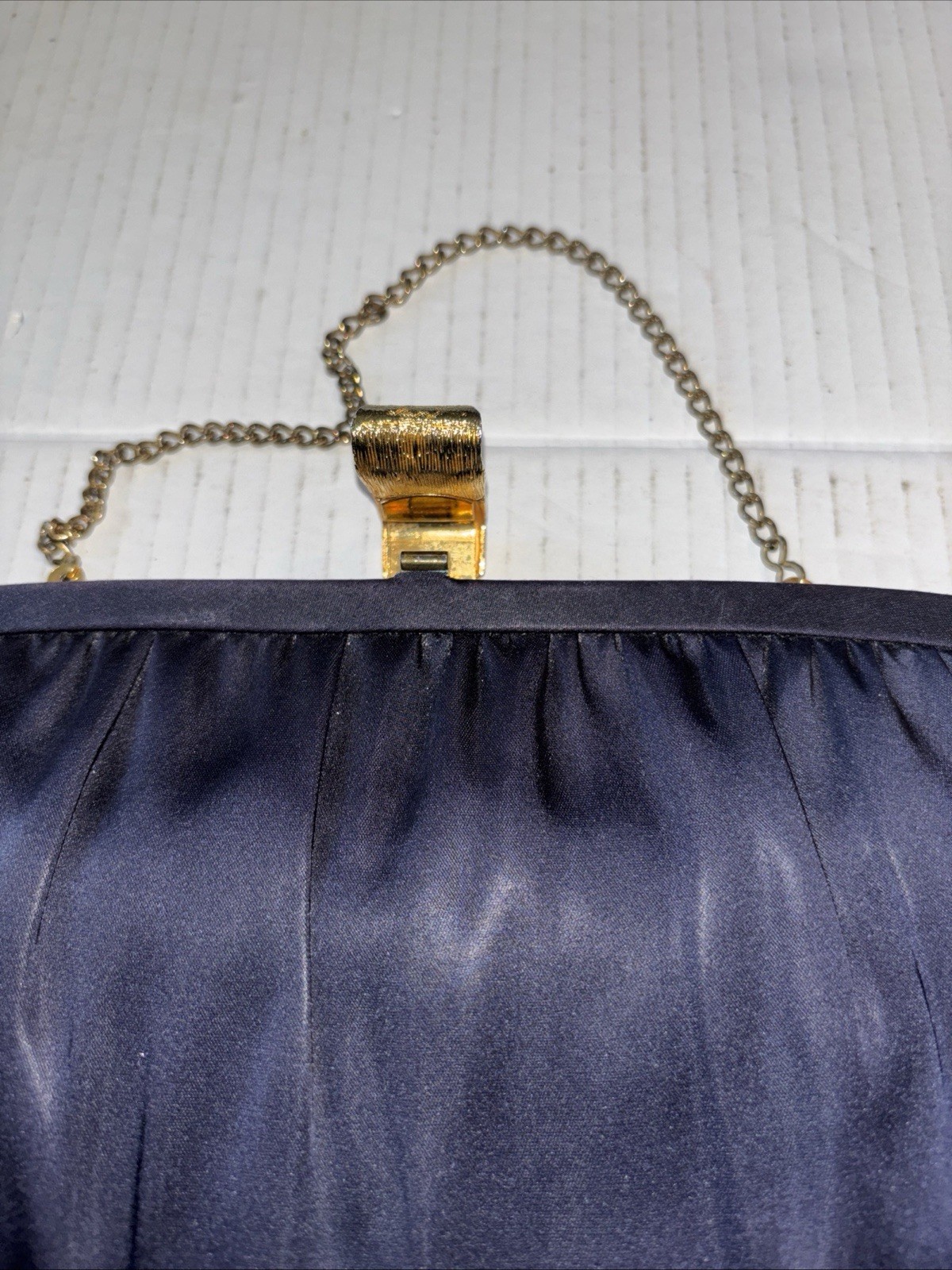 Vintage After Five Clutch Purse-5 Inch Drop Chain-Gold Clasp-Black Satin Formal
