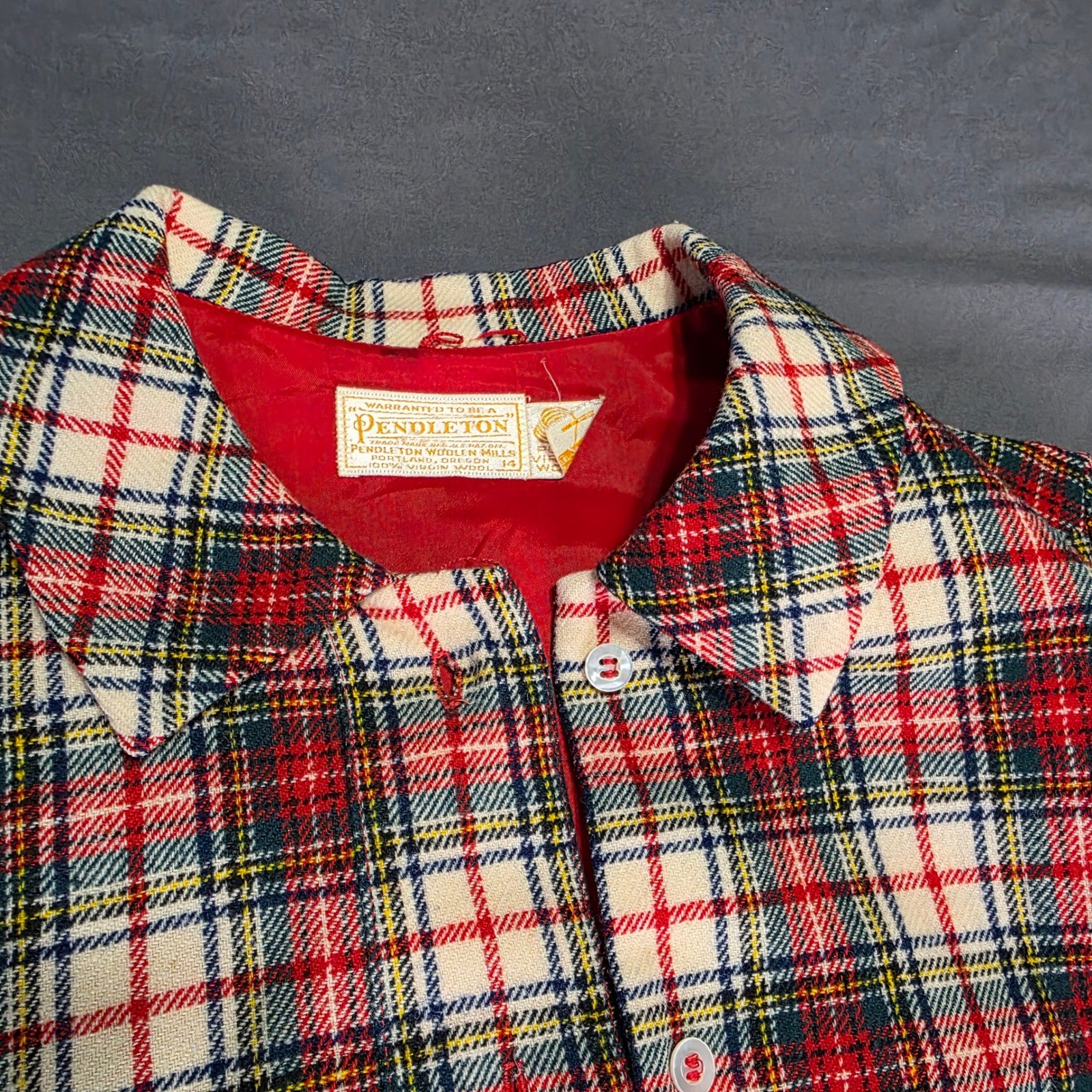 Pendleton Vintage 1960s Wool Plaid Shirt Dress Red Green Cream Womens 14