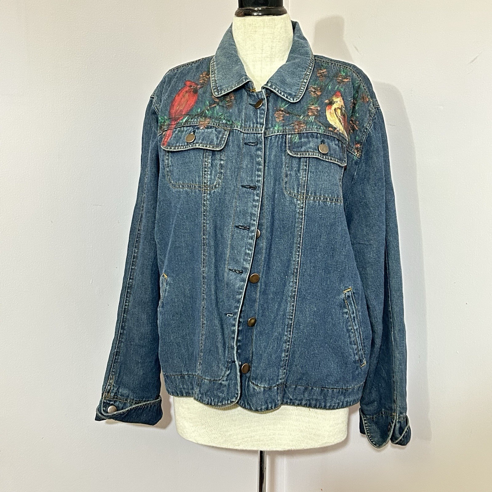Vintage Heirloom Collectibles Sweater Lined Hand Painted Birders XL Jean Jacket