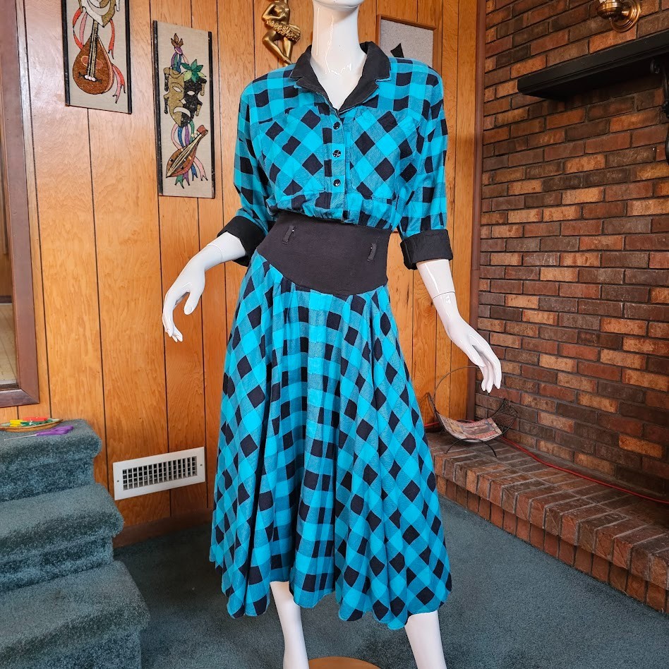 Vtg 80s do 1950s New Wave Rockabilly Buffalo Plaid Shirtwaist Circle Dress S/M