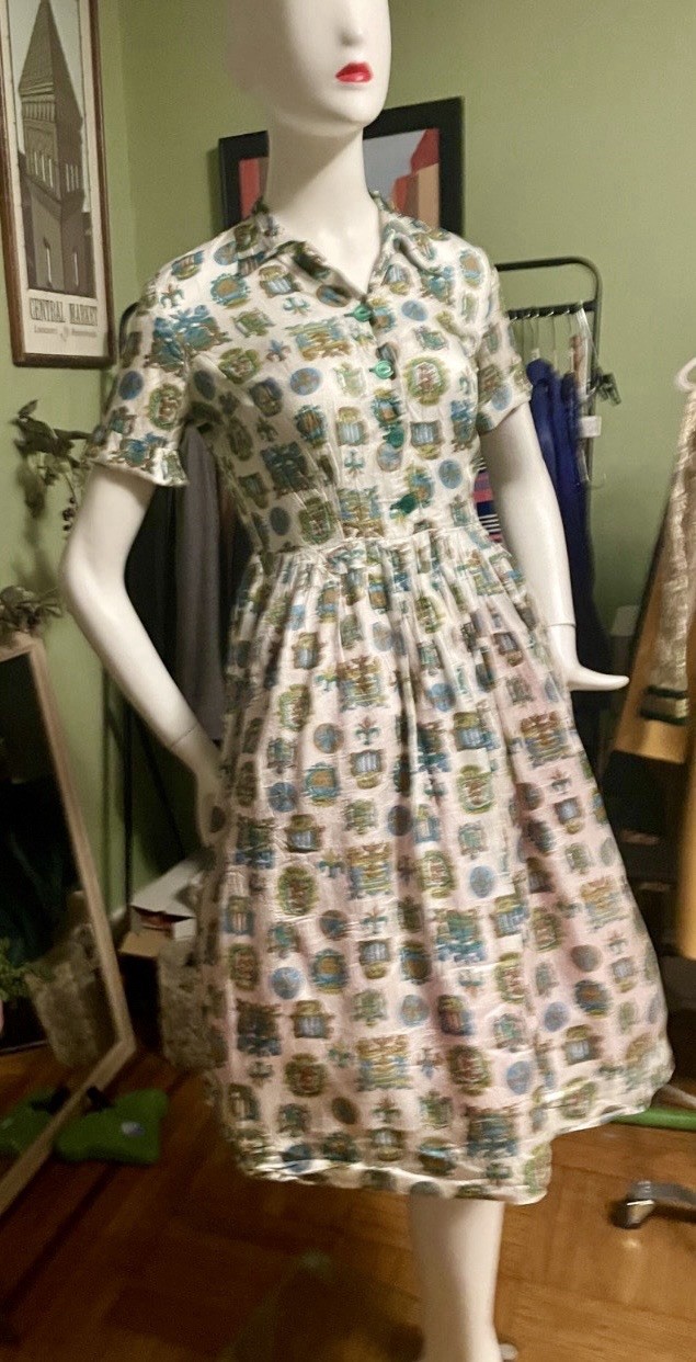 Vintage 50s Print Graphic Rockabilly Shirt Waist Dress Fit Flair S 36 ~ 26