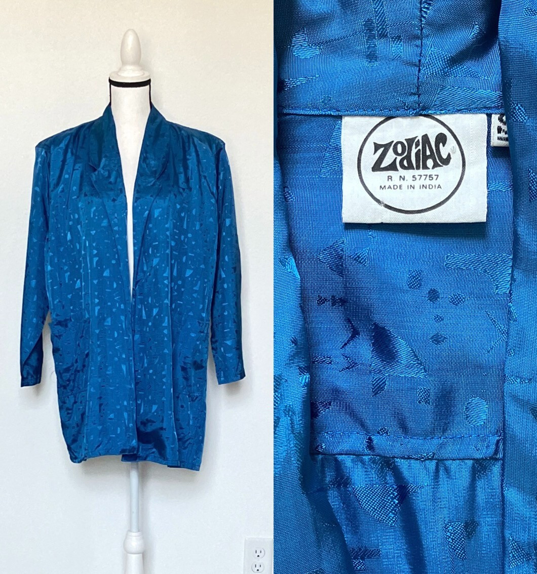 1990s Oversized Cobalt Boyfriend Blazer, Vtg Shiny Abstract Print Jacket