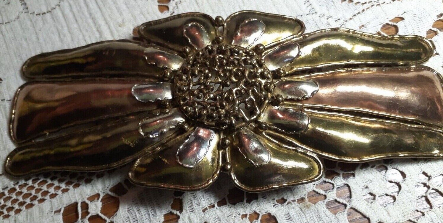 Brass and Copper Sunflower Belt Buckle EXAN 24 Made in Mexico 7 3/4″ x 3 3/8″