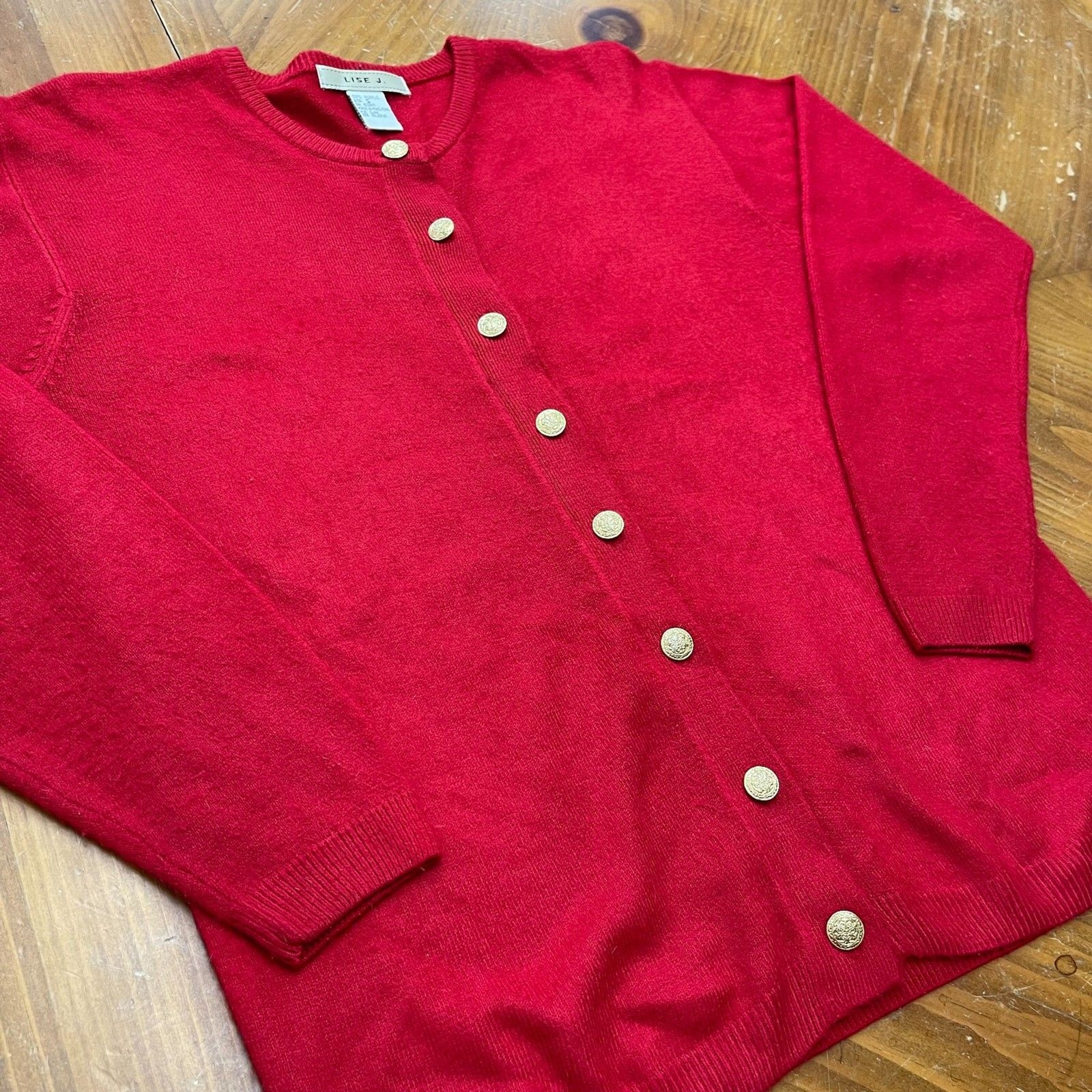 Lise J Vintage Red Cardigan Gold Buttons S 90s Geek Academia Preppy Secretary