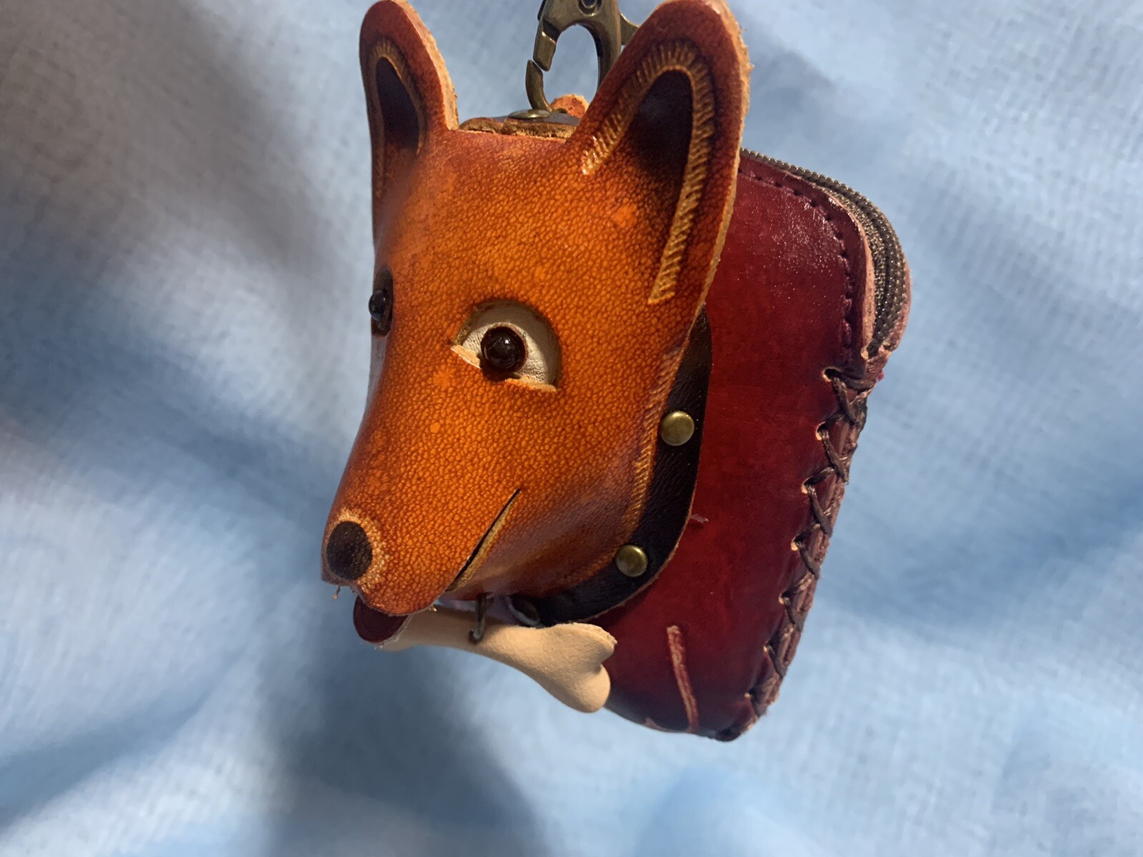 Vintage Handcrafted Leather Dog Face Coin Purse Keychain