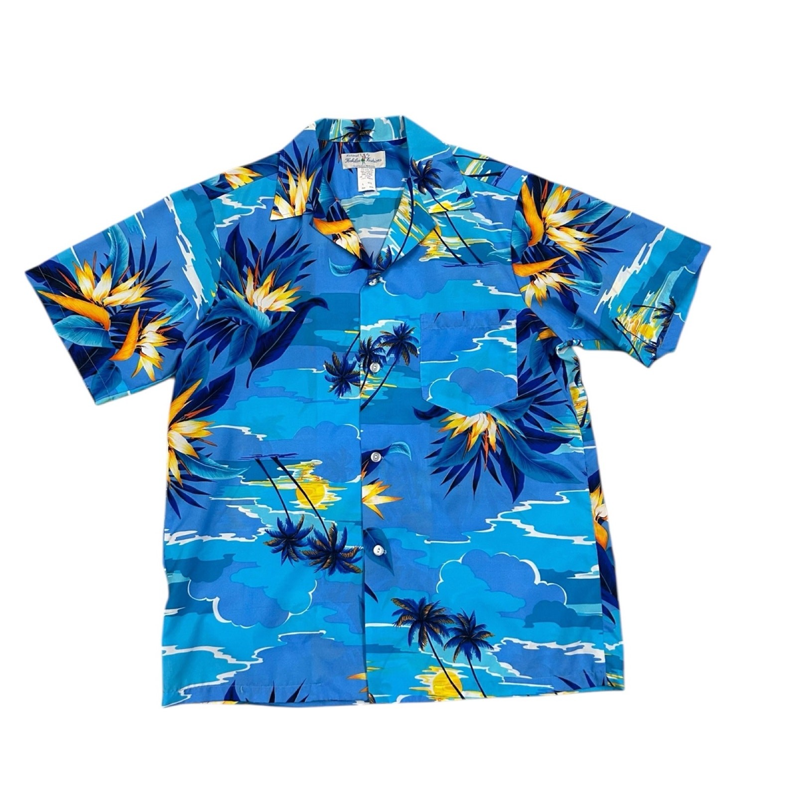 Vintage 1970s Blue Hawaiian Palm Tree Shirt Beach Summer / Mens Large ^